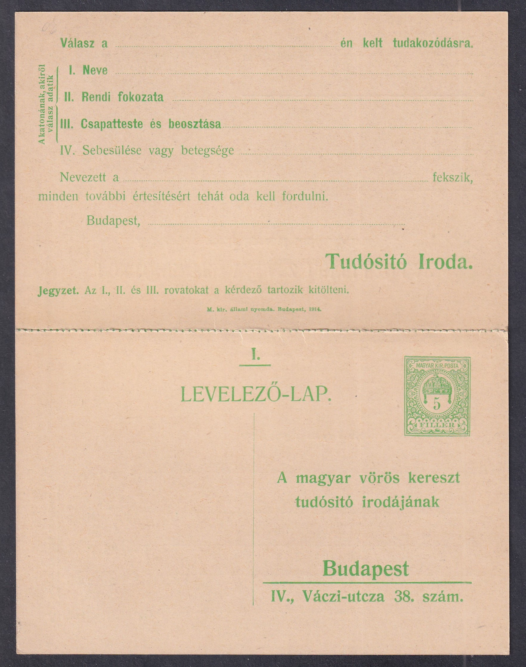 1914. használatlan Vöröskeresztes Tudakozó válaszlapos levelezőlap