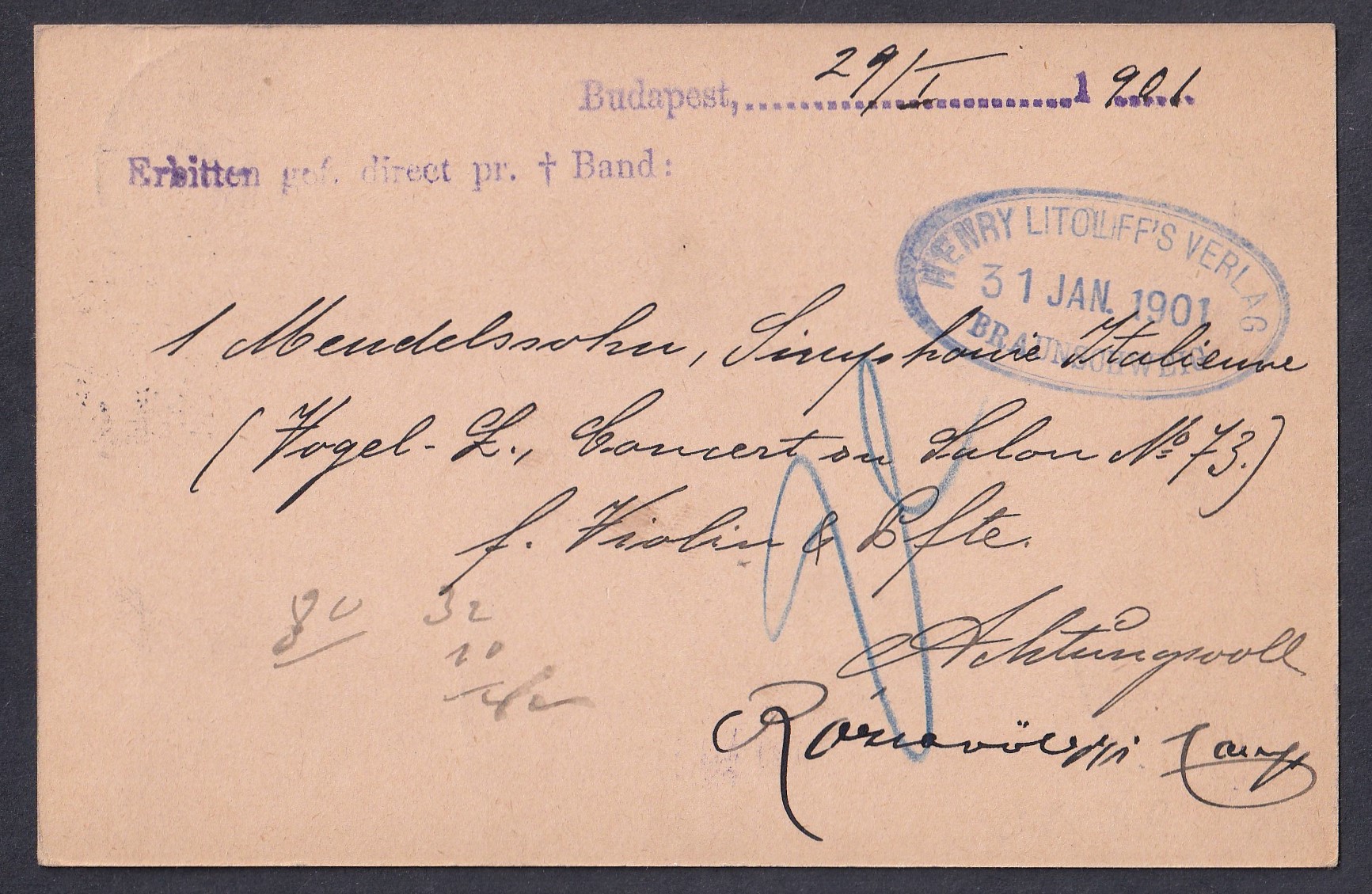 1901. Budapest, Braunschweig (Németország)-ba feladott levelezőlap