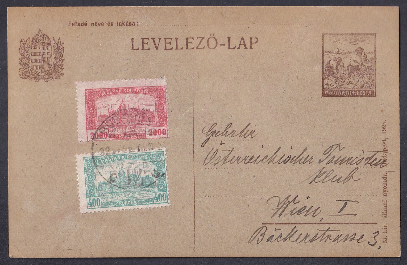 IMG_20260822_0054 1925. BUDAPEST, Bécsbe feladott „0” díjjegyes levelezőlap, 2400 Korona díjtétellel