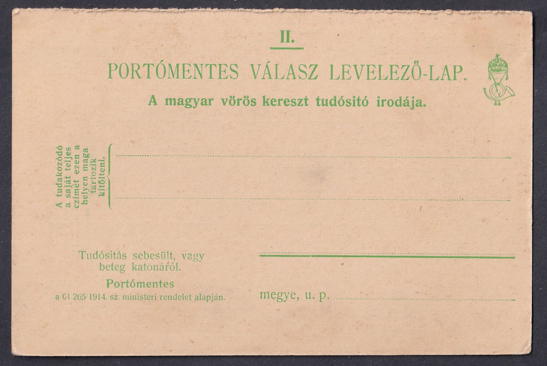 1914. használatlan VörösKereszt Tudakozó, portómentes válasz levelező lap