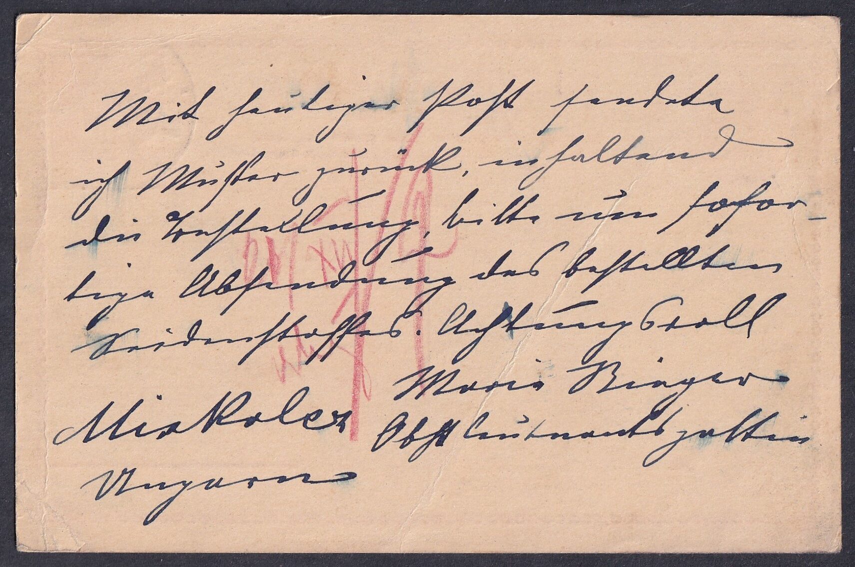 1915. Miskolcz, Bécsbe feladott levelezőlap, ritkán látható órás érkezési bélyegzéssel