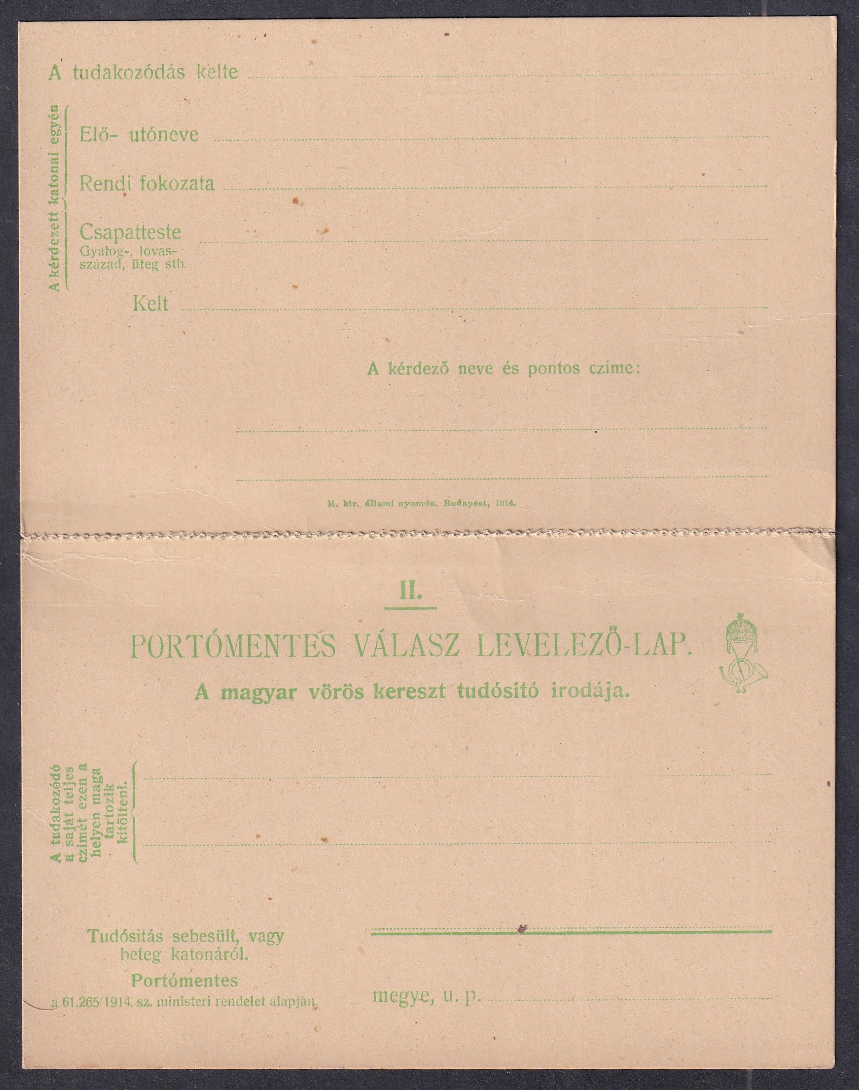 1914. használatlan Vöröskeresztes Tudakozó válaszlapos levelezőlap