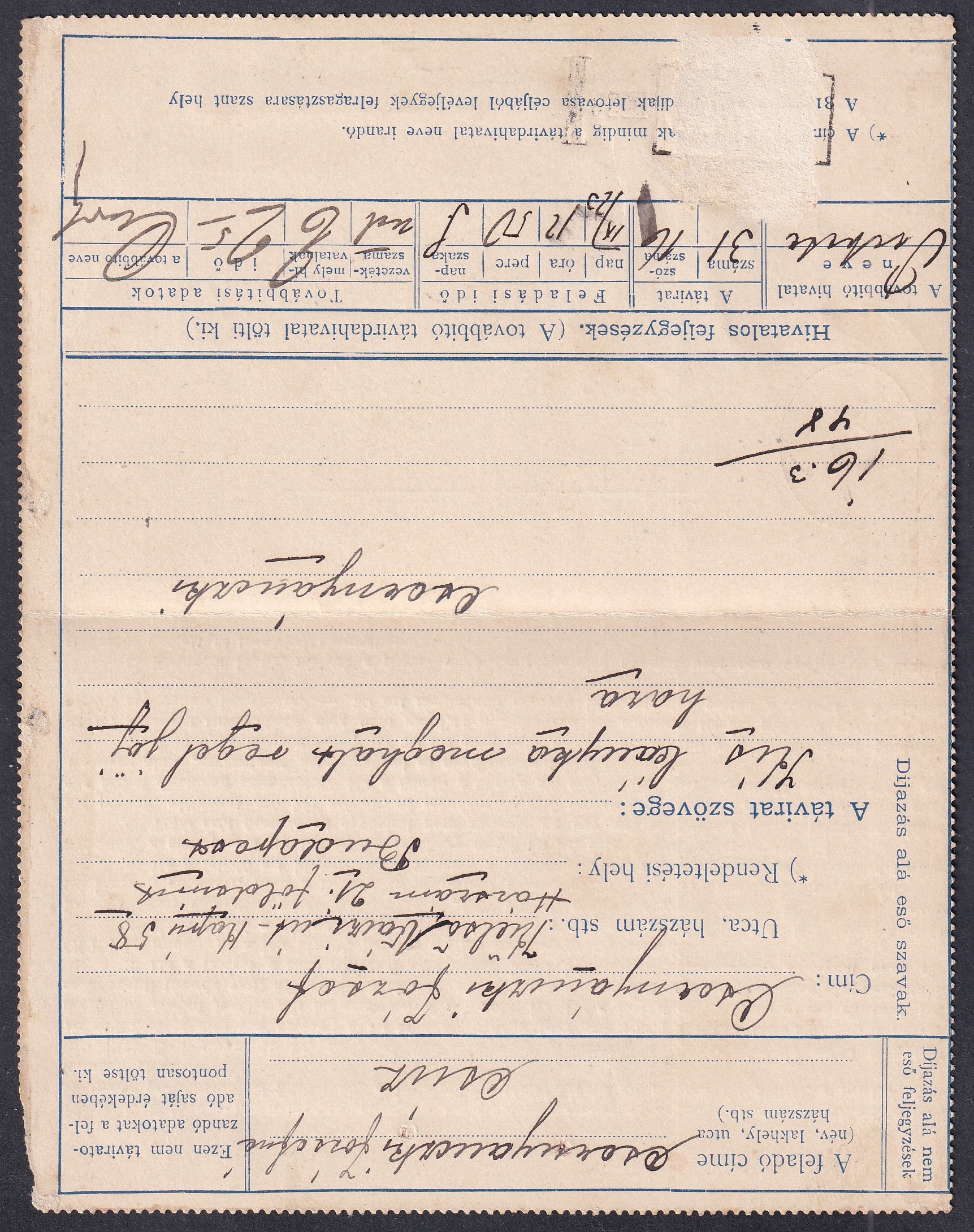 1892. CSÚZ, 31 krajcáros Távírati-lap (belül bélyeghiánnyal)
