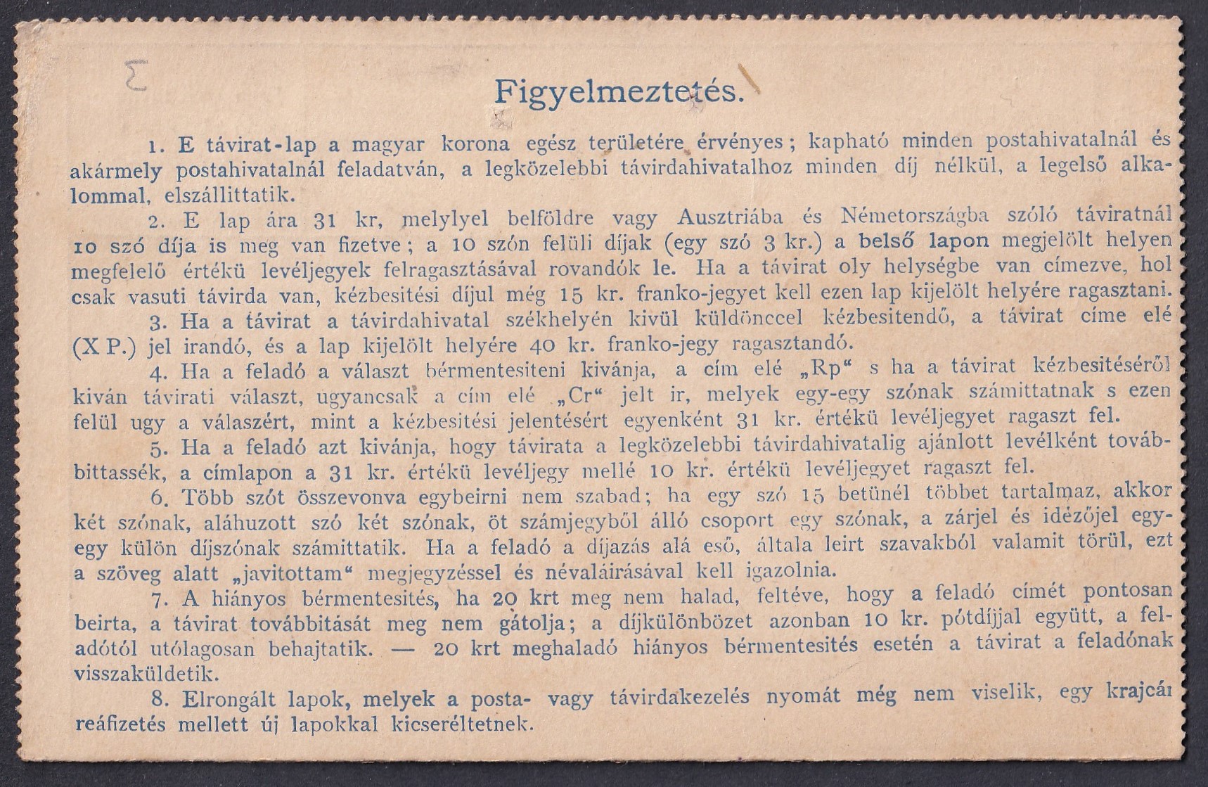 1892. CSÚZ, 31 krajcáros Távírati-lap (belül bélyeghiánnyal)