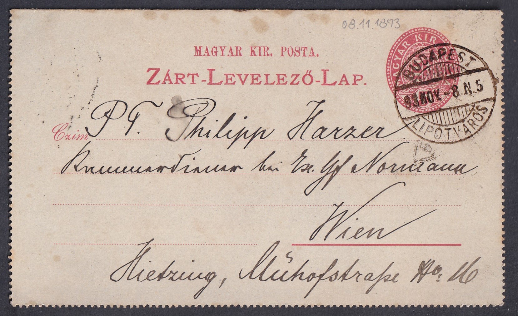 1893. BUDAPEST / LIPÓTVÁROS, Bécsbe feladott Zárt levelezőlap