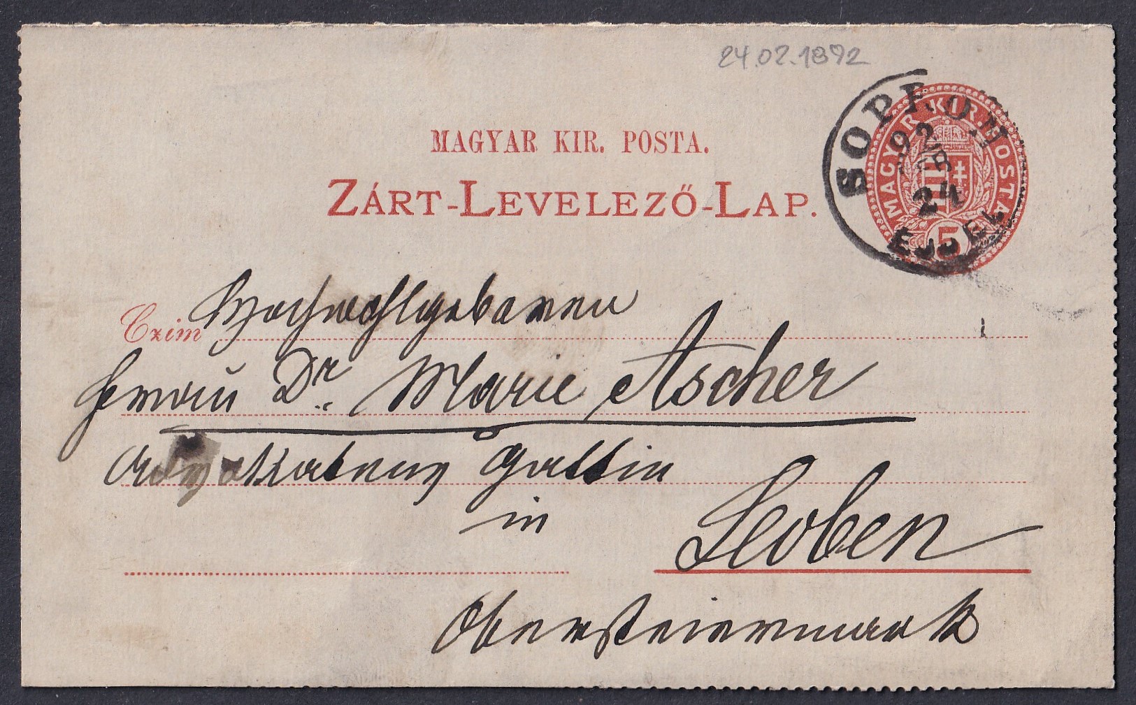 1892. Sopron, Leoben (Ausztria)-ba feladott Zárt levelezőlap