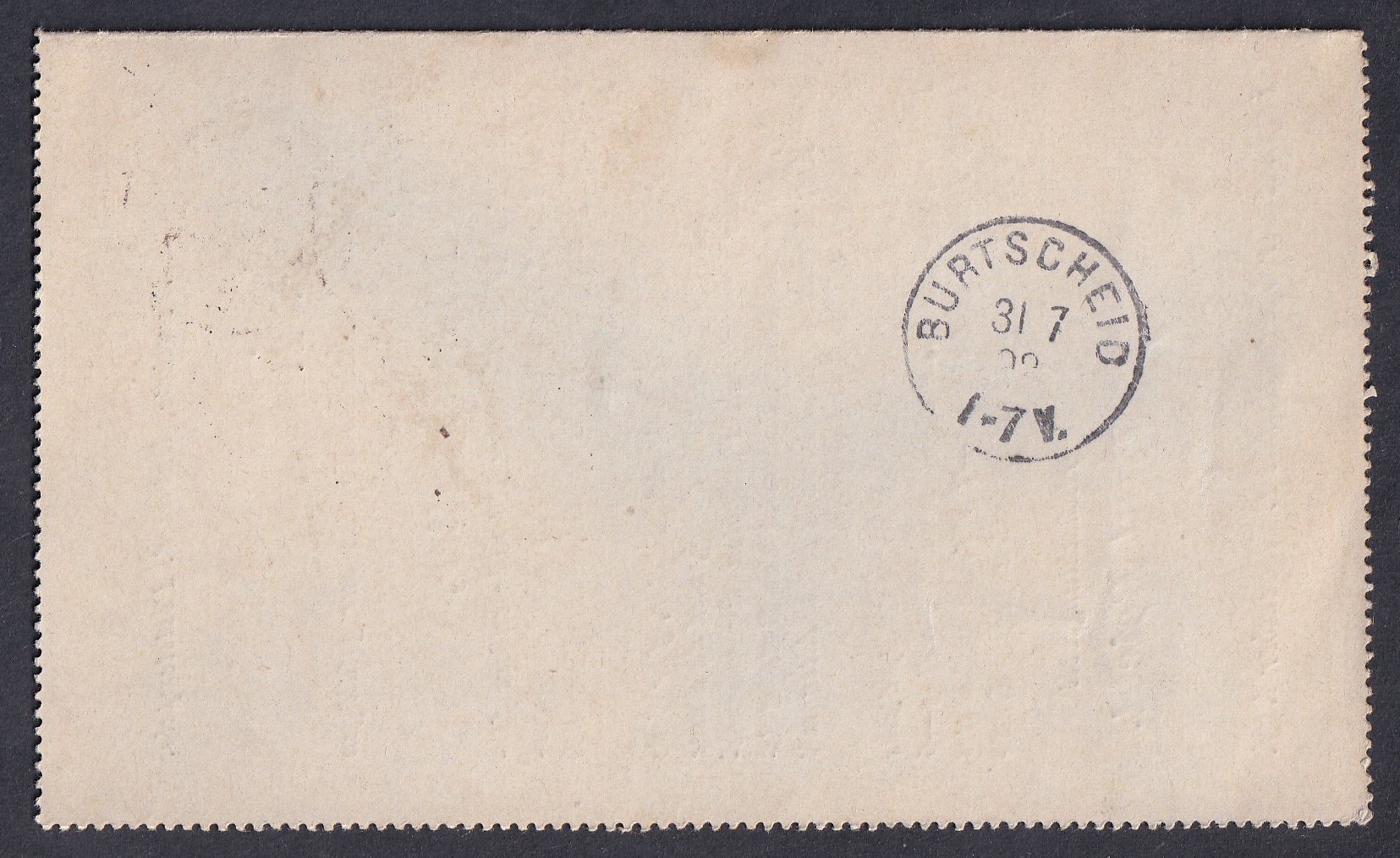 1898. Werschetz–Burtscheid (Németország), zárt levelezőlap Burtscheid érkezési bélyegzéssel, werschetzi postai kezelés nélkül – belső oldalán Paul Reichl baromfitáp-reklámjával