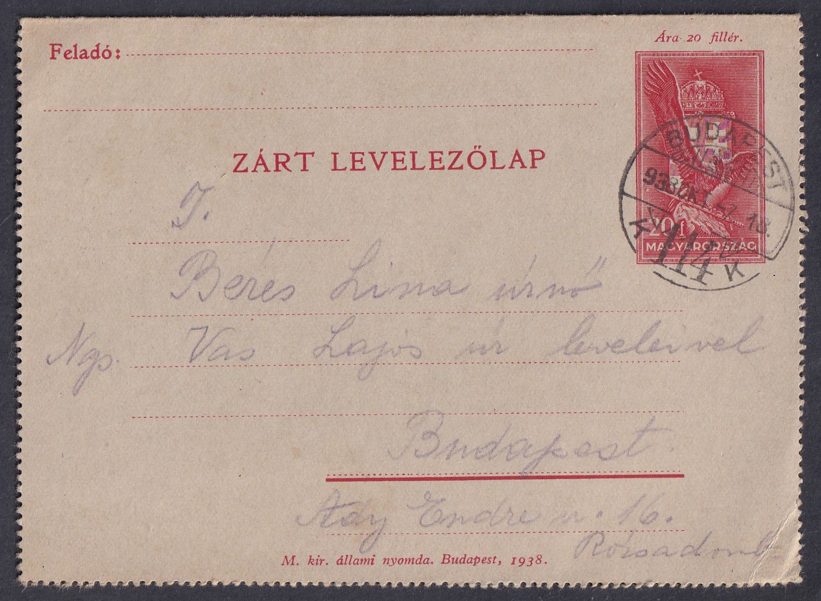 1933. BUDAPEST, helyben feladott 20 fillér díjjegyes Zárt levelezőlap