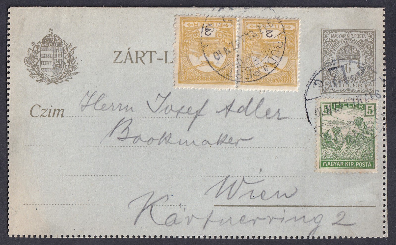 1917. Budapest, Bécsbe feladott Zárt levelezőlap, többes-színes díjkiegészítéssel