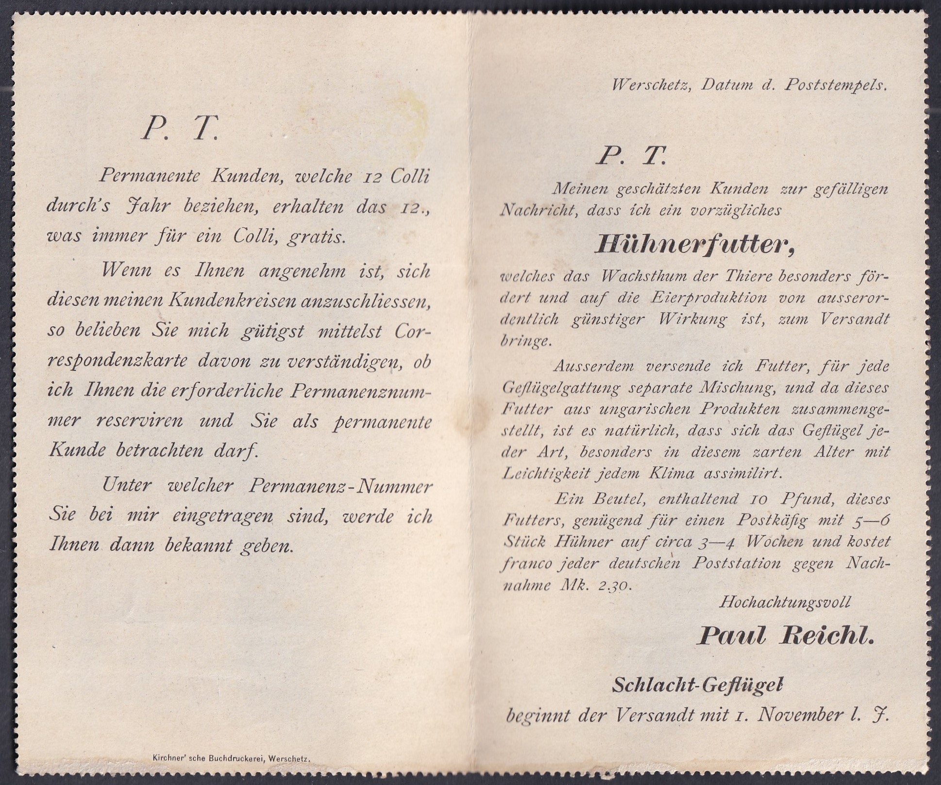 1898. Werschetz–Burtscheid (Németország), zárt levelezőlap Burtscheid érkezési bélyegzéssel, werschetzi postai kezelés nélkül – belső oldalán Paul Reichl baromfitáp-reklámjával