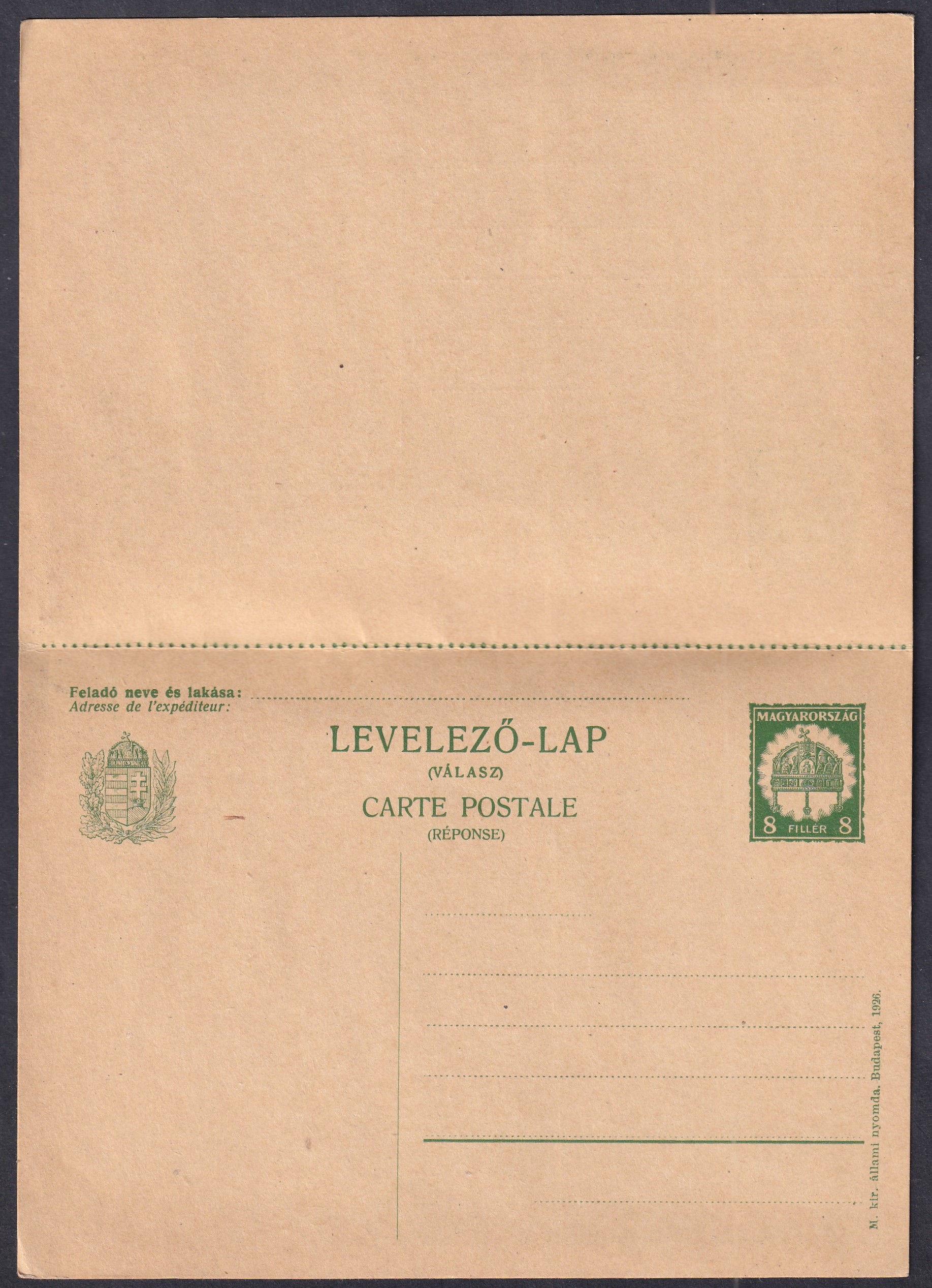 1926. használatlan, magyar-francia nyelvű 8+8 fillér Válaszlapos levelezőlap II. típus