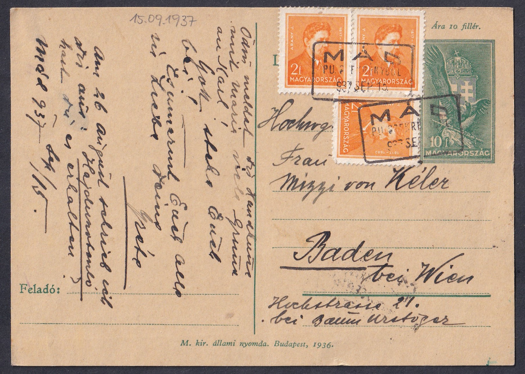 1937. MÁD/ P.U. SZEKRÉNYBŐL – bélyegzéssel, Bécsbe többes díjkiegészítéssel feladott levelezőlap