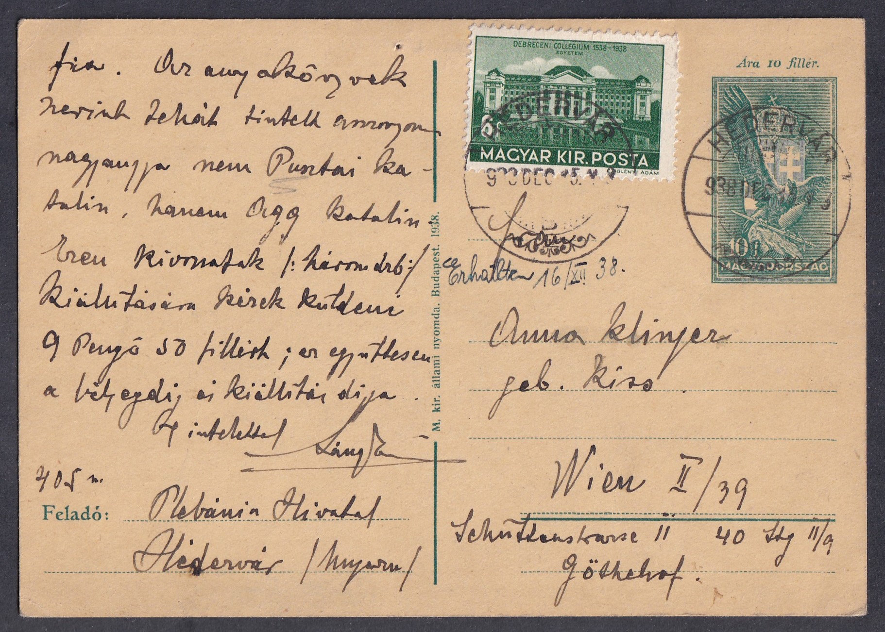 1938. HÉDERVÁR, ritkább díjkiegészítéssel Bécsbe feladott levelezőlap