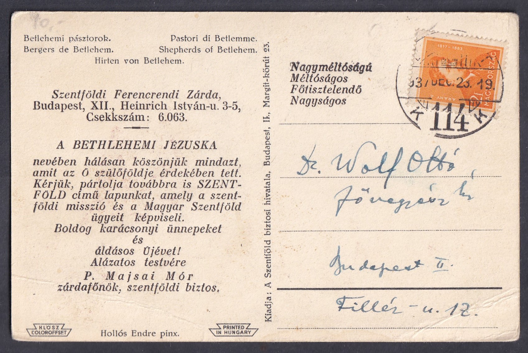 IMG_20260827_0027 1937. Budapest, helyben feladott karácsonyi képeslap a Szentföldi Ferences Zárdától - nyomtatvány küldemény 2 filléres díjlerovással