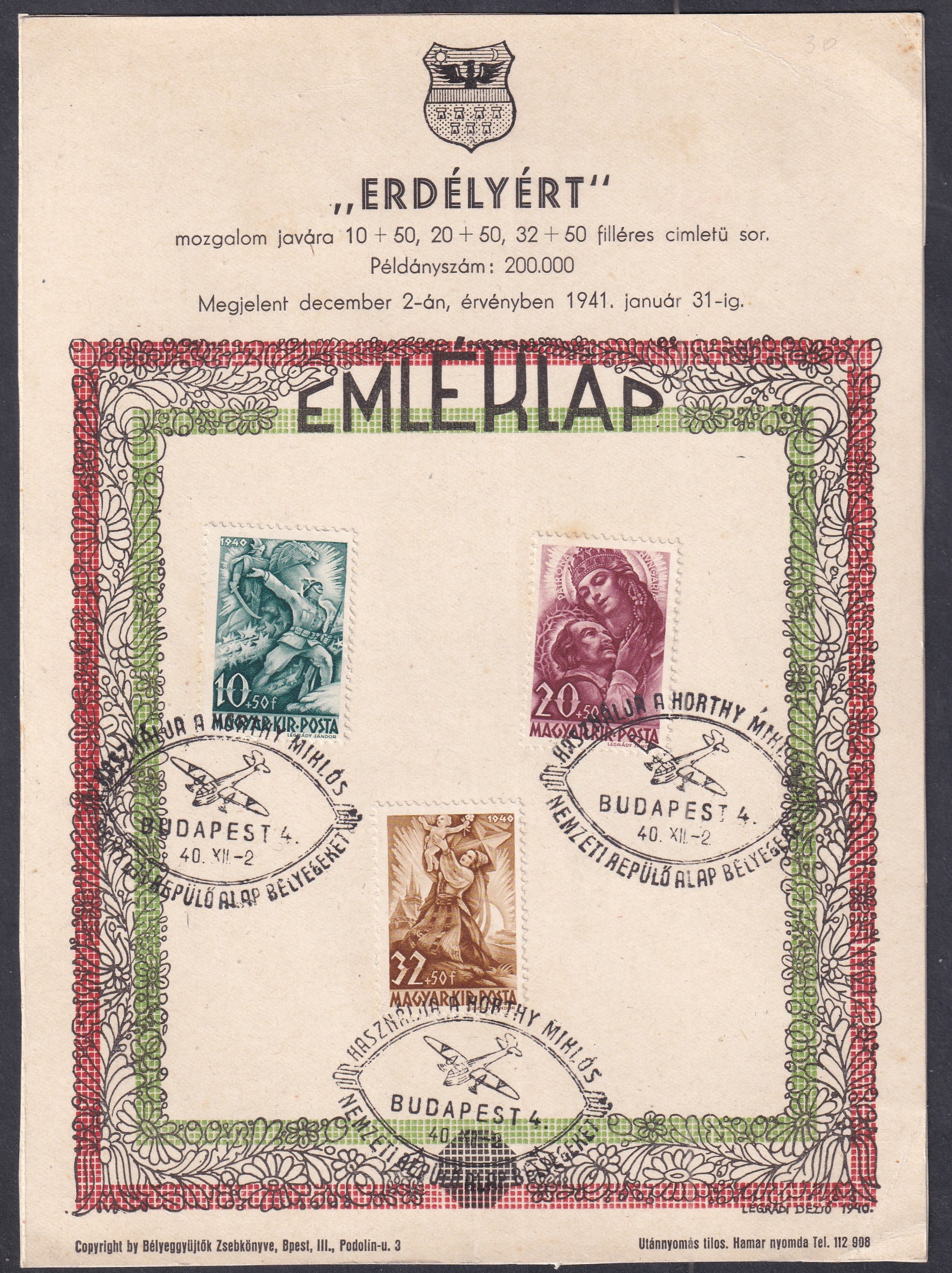 1940. "ERDÉLYÉRT" emléklap