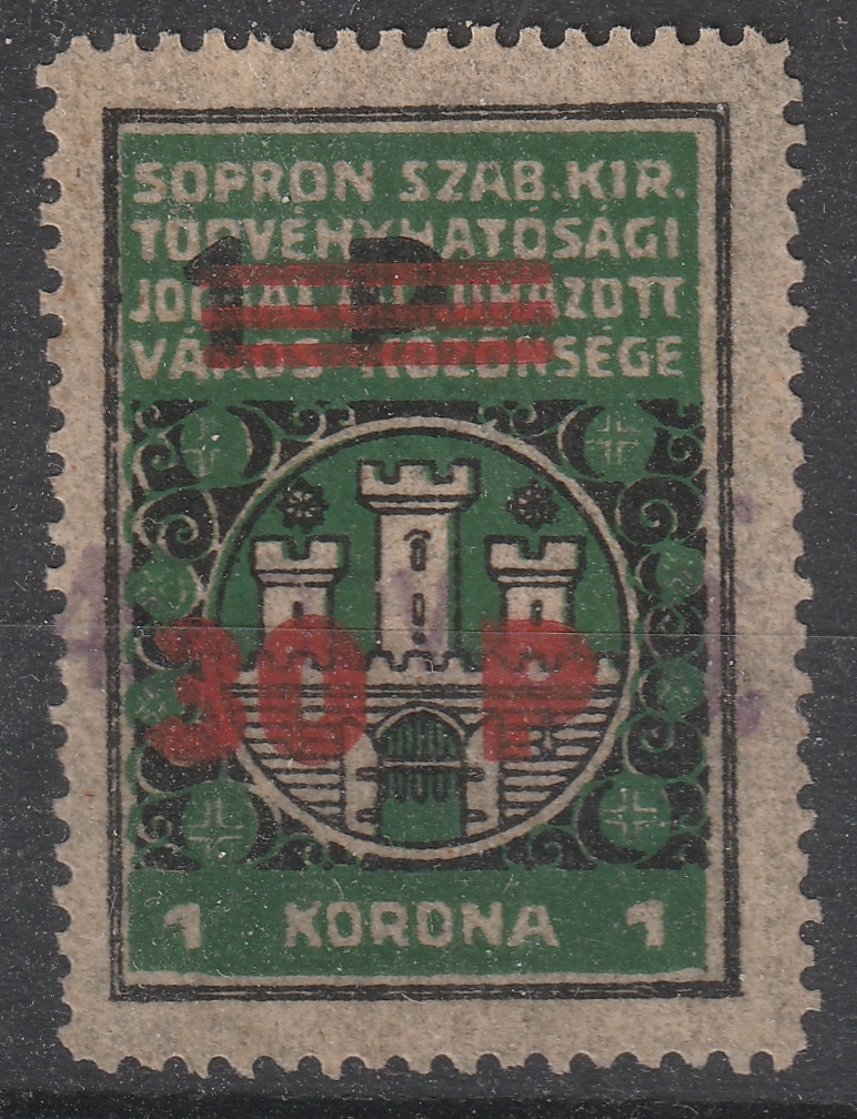 1945. Sopron szabad királyi város 1 koronás városi illetékbélyege 30P/1P/1 Korona felülnyomással