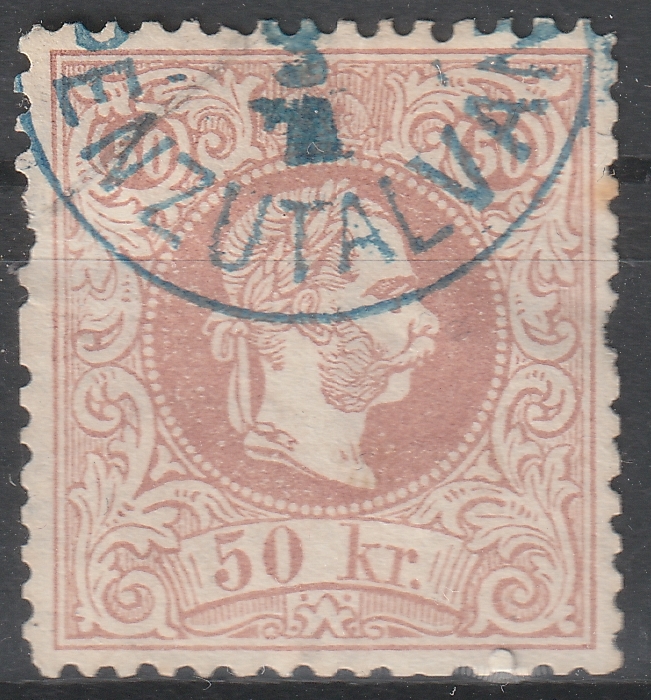 26_7_20260913_000188 1867. 50 kr nagy valószínűséggel: (PÉCS) / PÉNZUTALVÁNY kék bélyegzéssel – kétoldali tömbfogakkal, a jobb oldalon rövidre szakadva