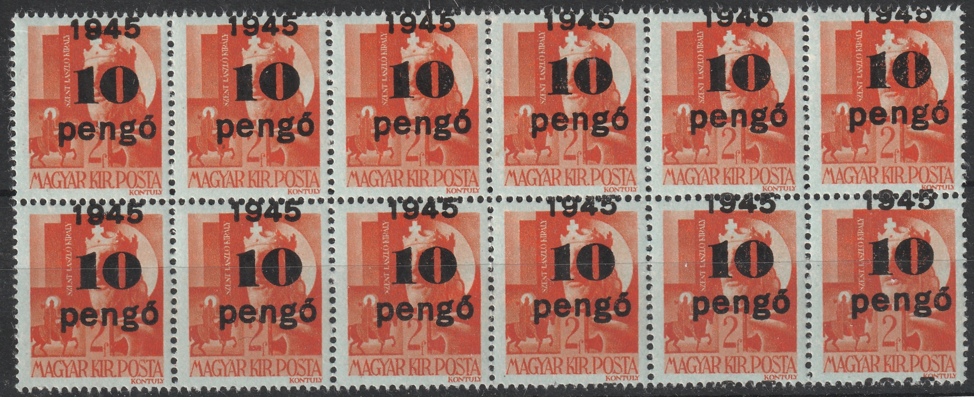 26_7_20260915_0103 1945. Kisegítő 10 P/2 f bélyeg elcsúszott felülnyomással, 12-es tömbben – a kiadás legritkább címlete! (Katalógusérték: kb. 28 000 Ft++)