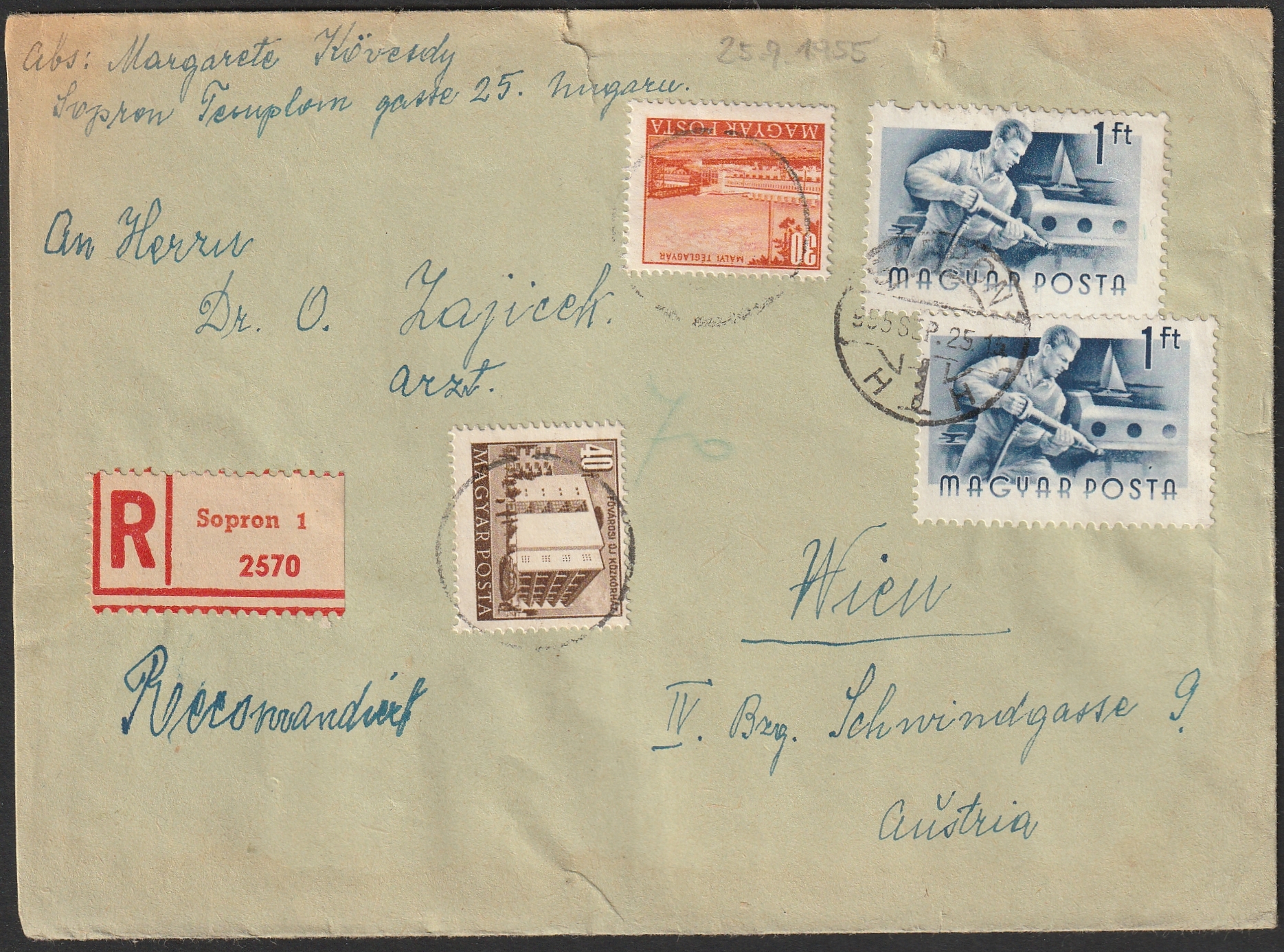 1955. SOPRON – Bécsbe feladott ajánlott levél – két bélyeg bécsi néma bélyegzéssel érvénytelenítve - ritka darab!