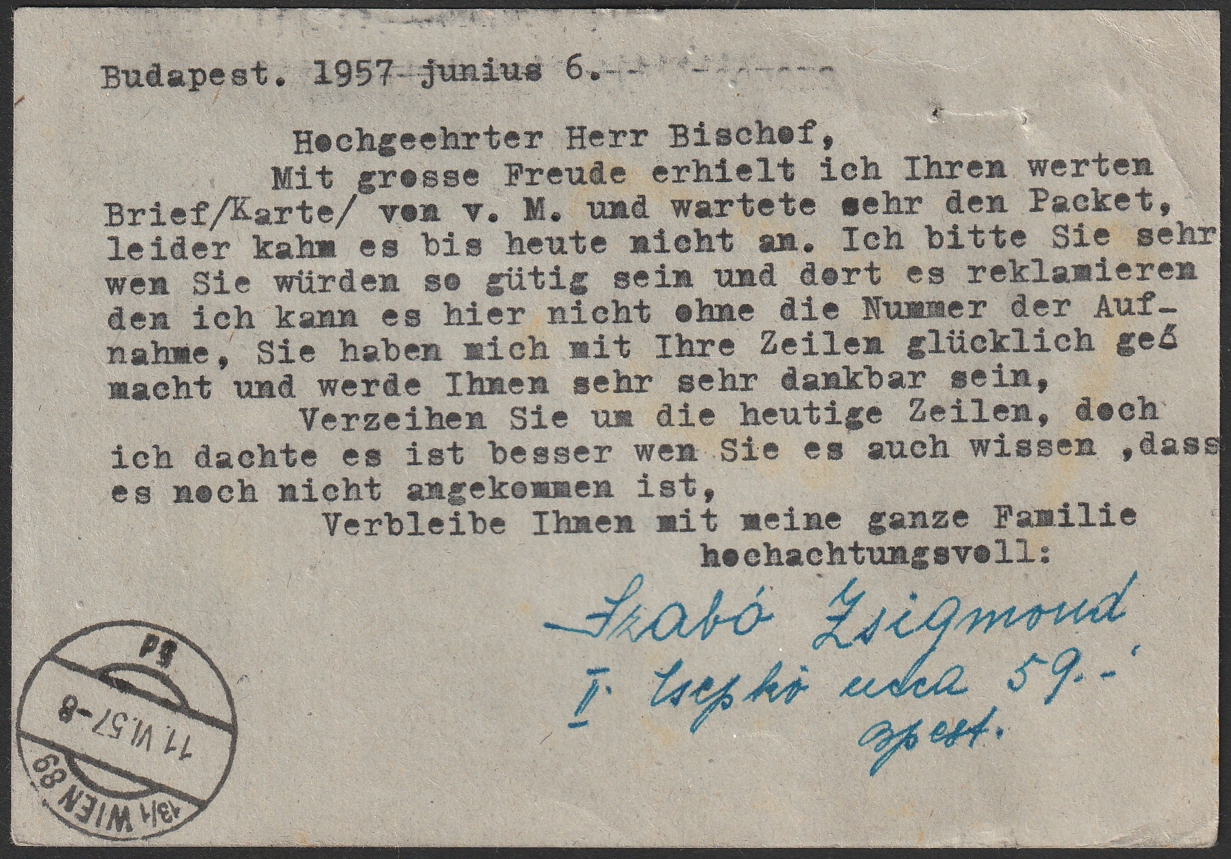 1957. BUDAPEST – Gerhard May, Ausztria evangélikus püspöke részére Bécsbe feladott ajánlott-tértivevényes levelezőlap – ritka küldeménytípus!