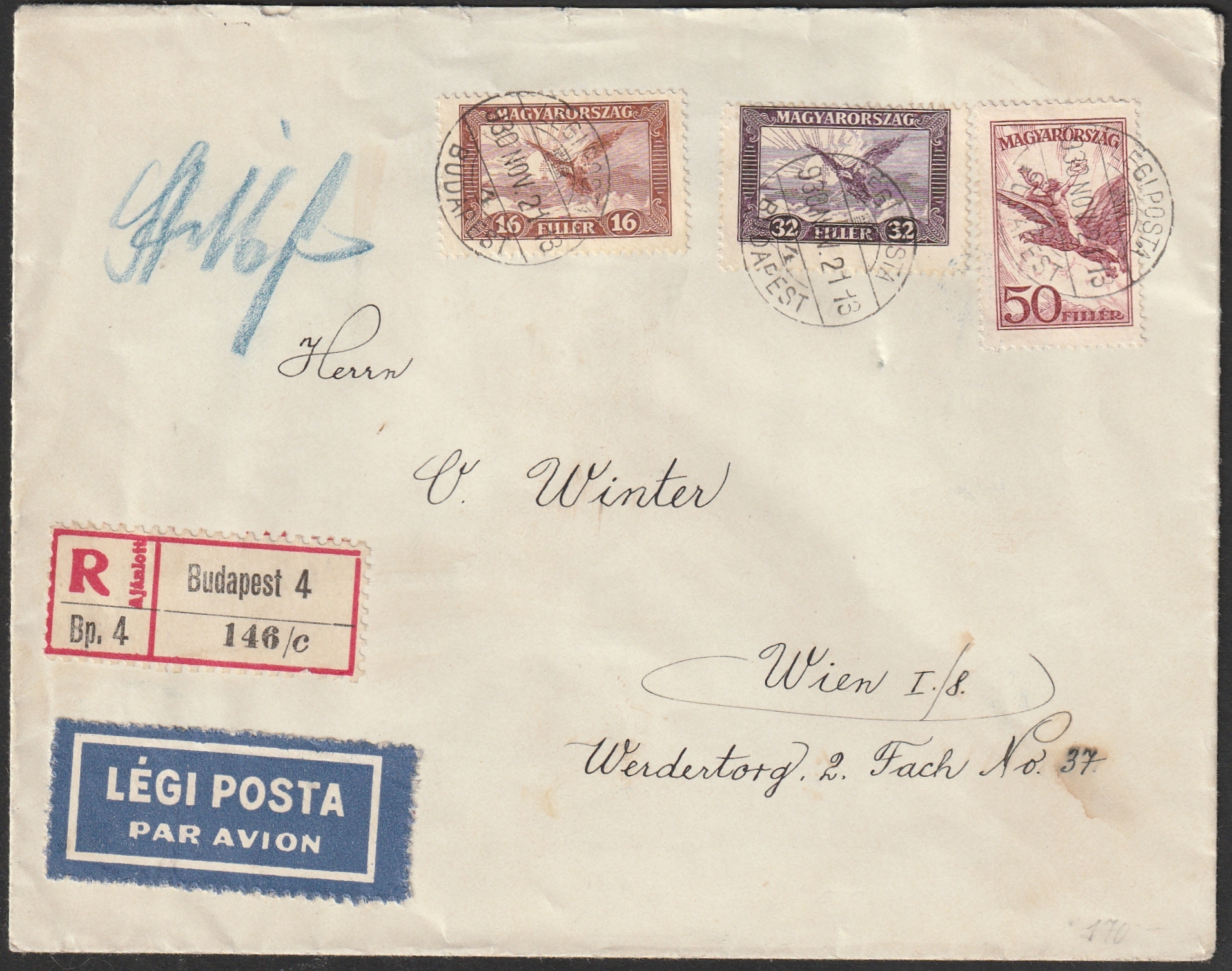 1930. BUDAPEST, bélyegzéssel Bécsbe légipostán feladott ajánlott levél