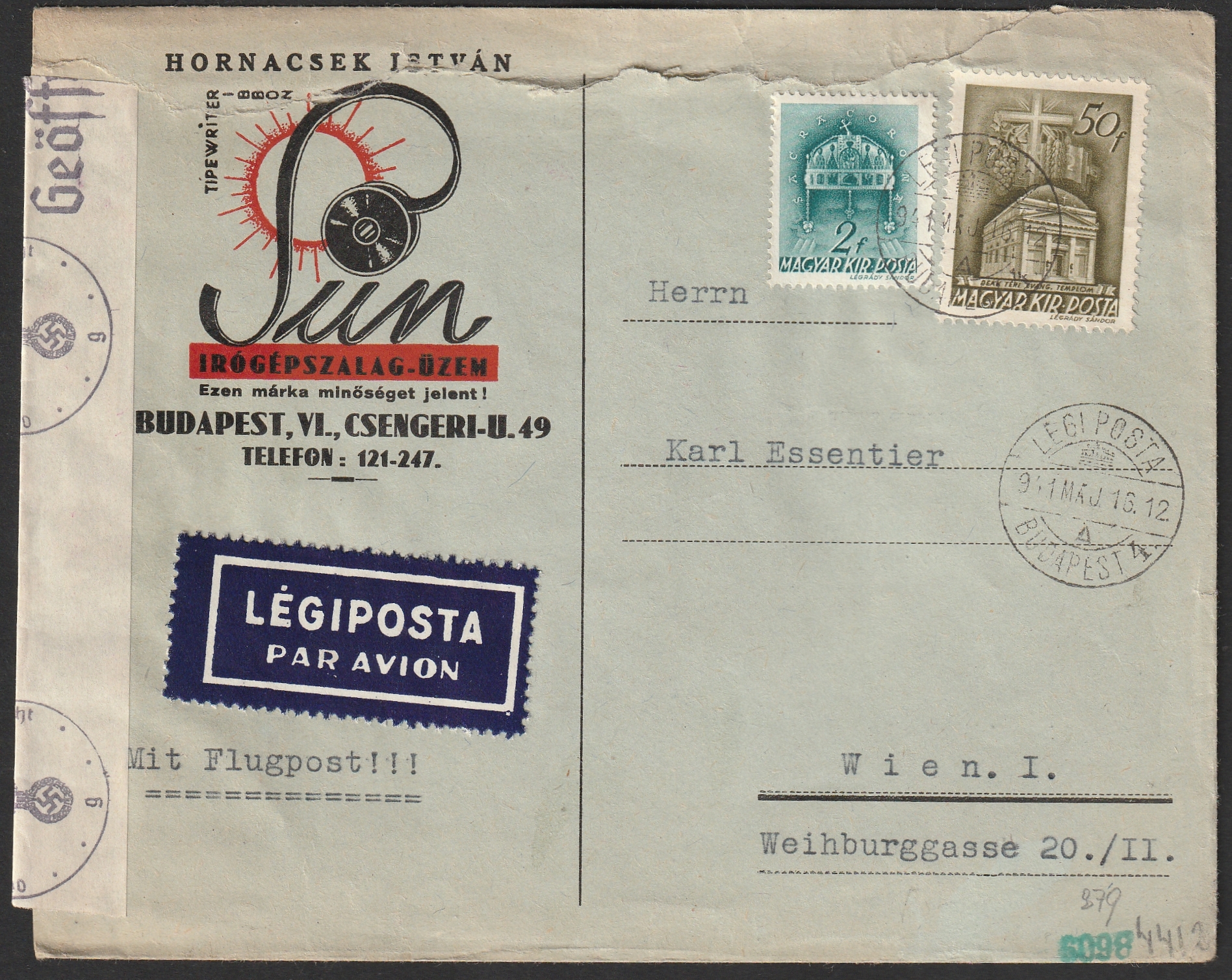 1941. Budapest, Bécsbe légipostán feladott, cenzúrázott  üzleti levél