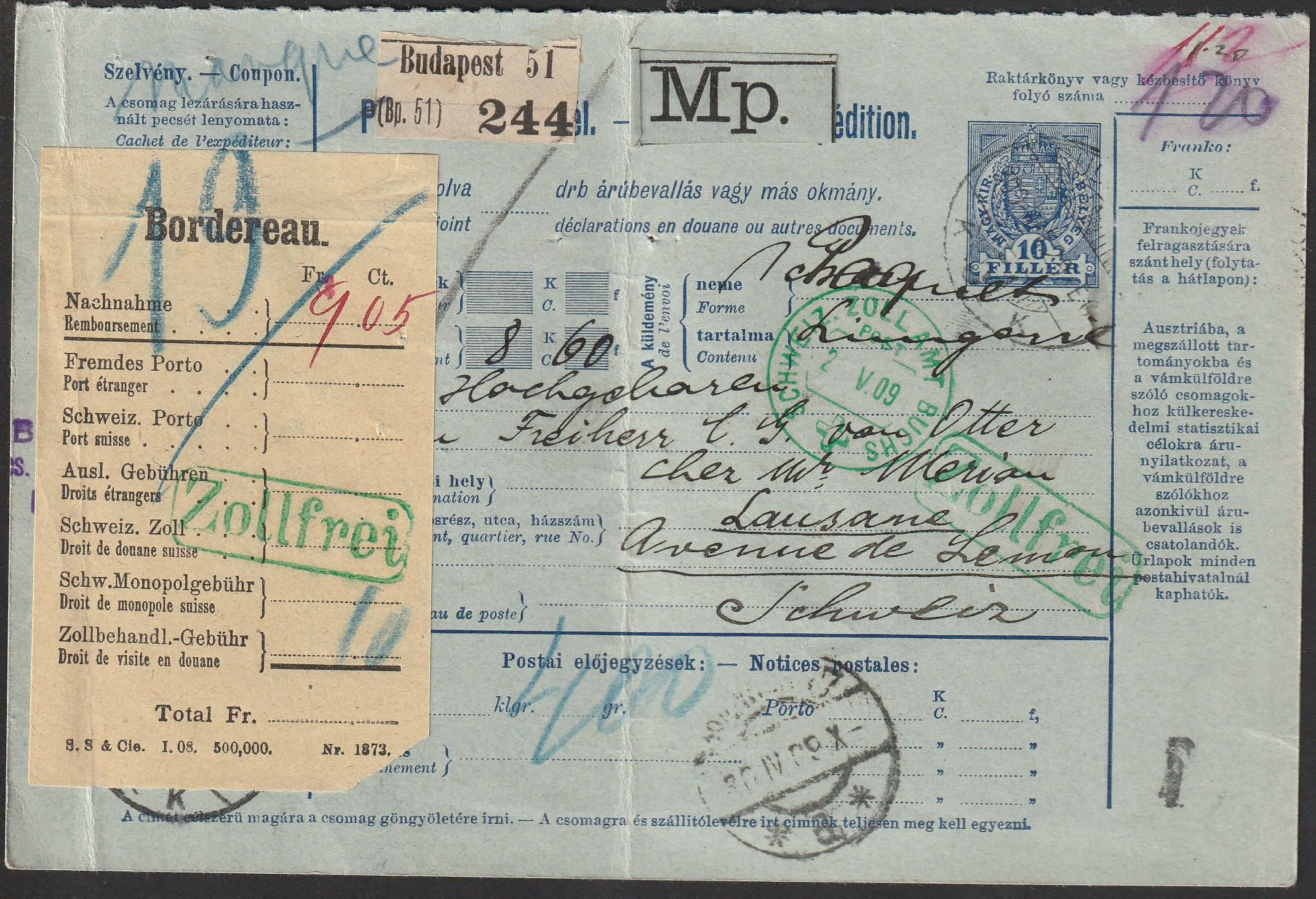 26_7_20260919_02091 1909. BUDAPEST, Svájcba feladott magyar-francia nyelvű szállítólevél, érdekes megfejtendő darab
