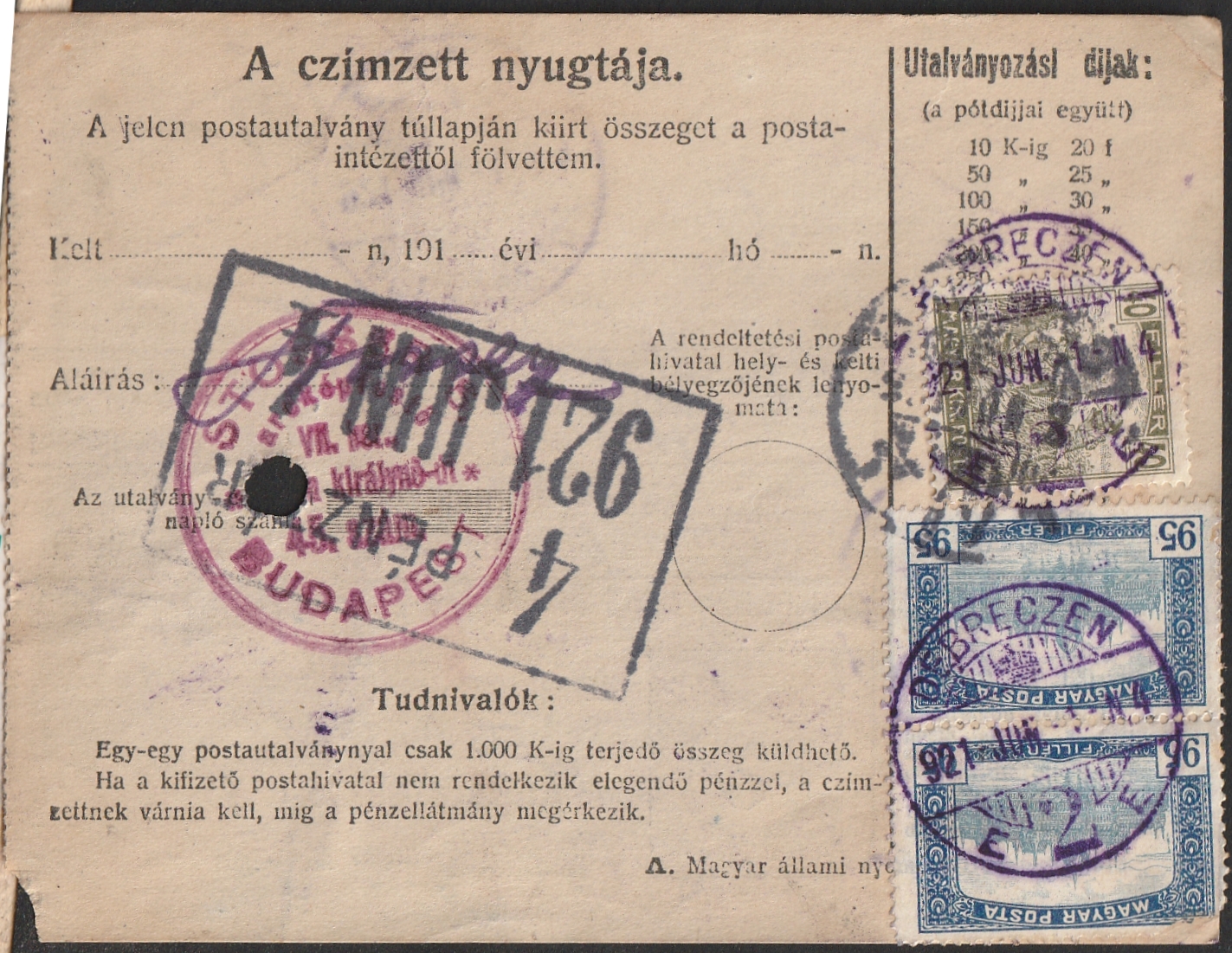 26_7_20260919_02123 1921. DEBRECEN, Budapestre feladott postautalvány