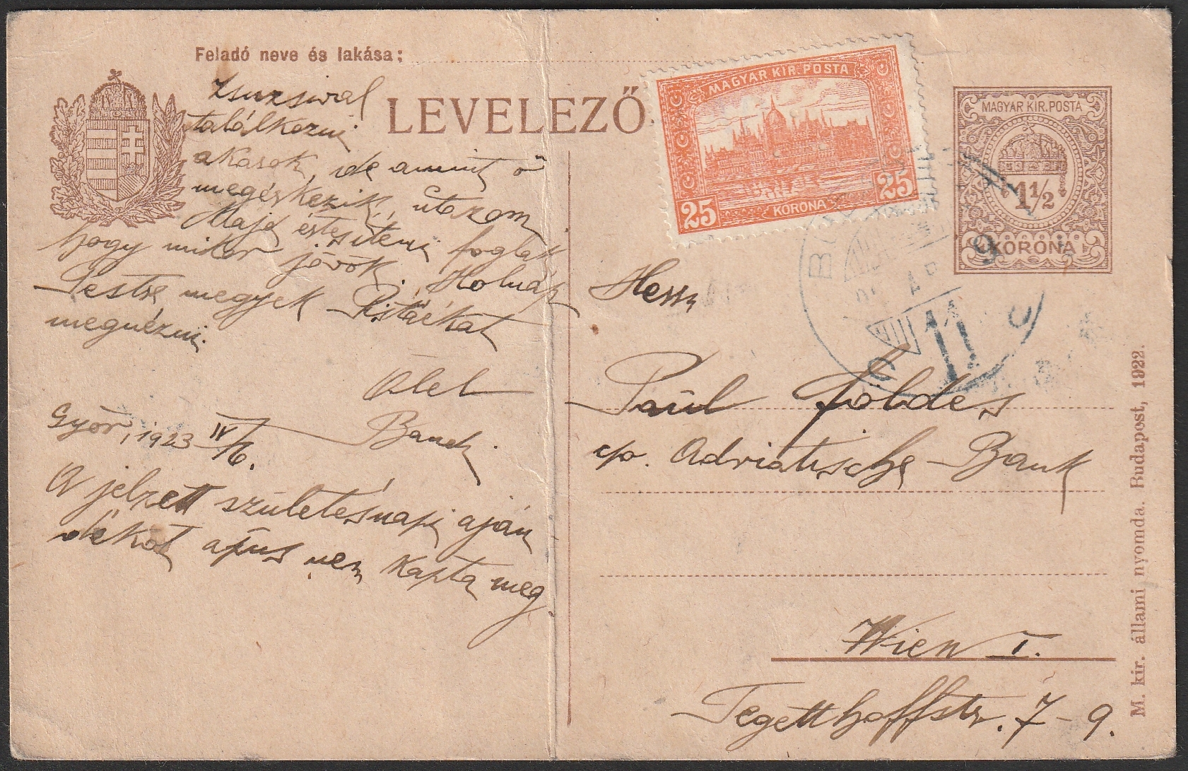 1923. BUDAPEST, Bécsbe feladott díjkiegészített levelezőlap - 25 Koronás bélyegen hármaslyukasztás