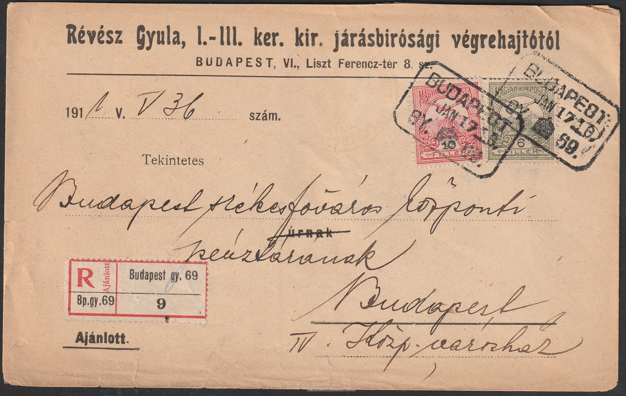 1911. BUDAPEST/69 gyűjtőhely béylegzéssel feladott helyi ajánlott levél