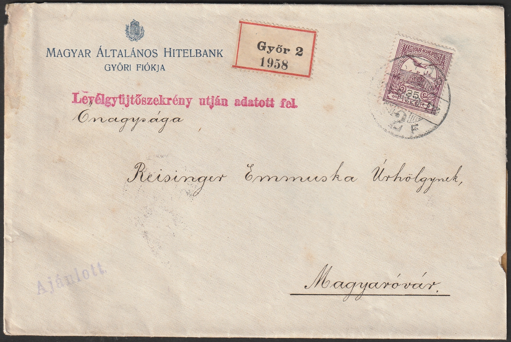 1914. GYŐR – Magyaróvárra feladott ajánlott levél eredeti tartalommal, hátoldalán levélzáró pecsétbélyeggel