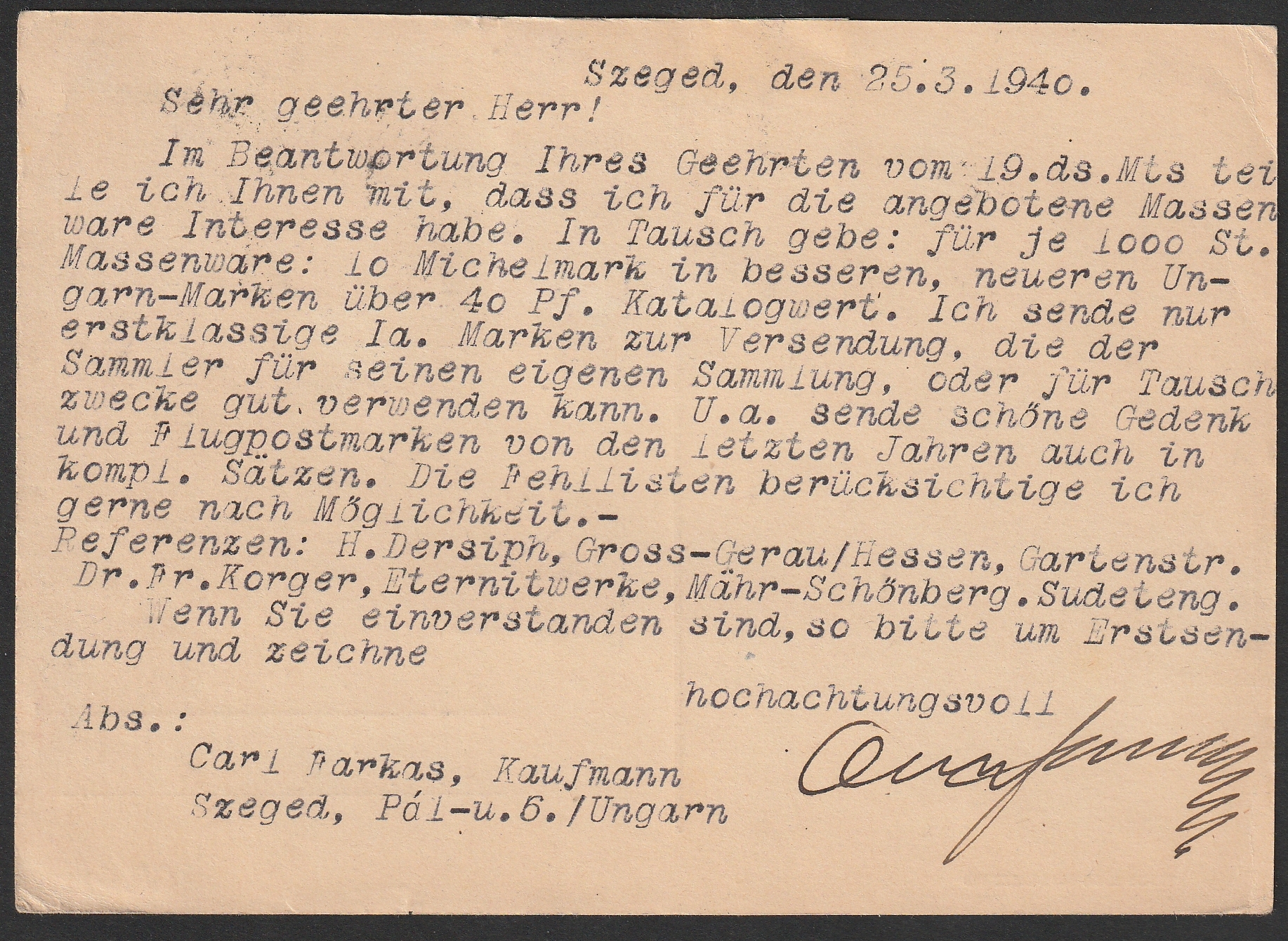 1940. Radványi Géza (Géza von Radványi) ny. minisztériumi tanácsosnak Németországba feladott levelezőlap – 26 f vegyes bérmentesítéssel