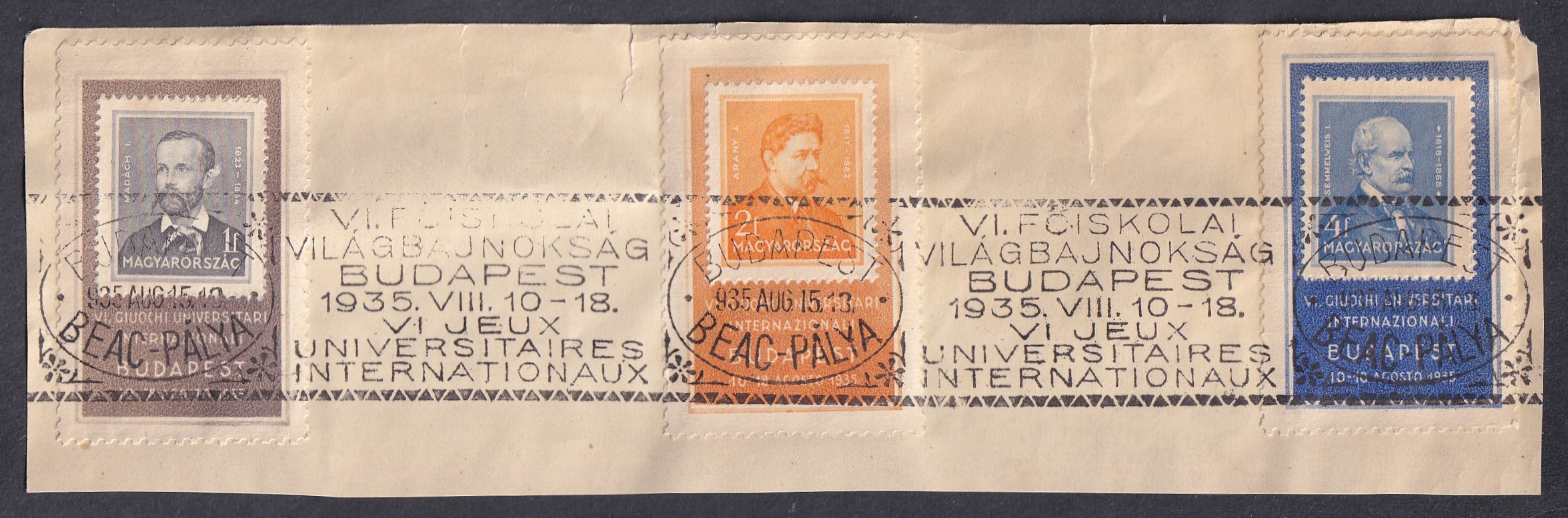 IMG_20260828_0015 5 db keretes bélyeg VI. Főiskolai Világbajnokság, Budapest 1935. VIII. 10–18.” alkalmi bélyegzéssel kivágáson