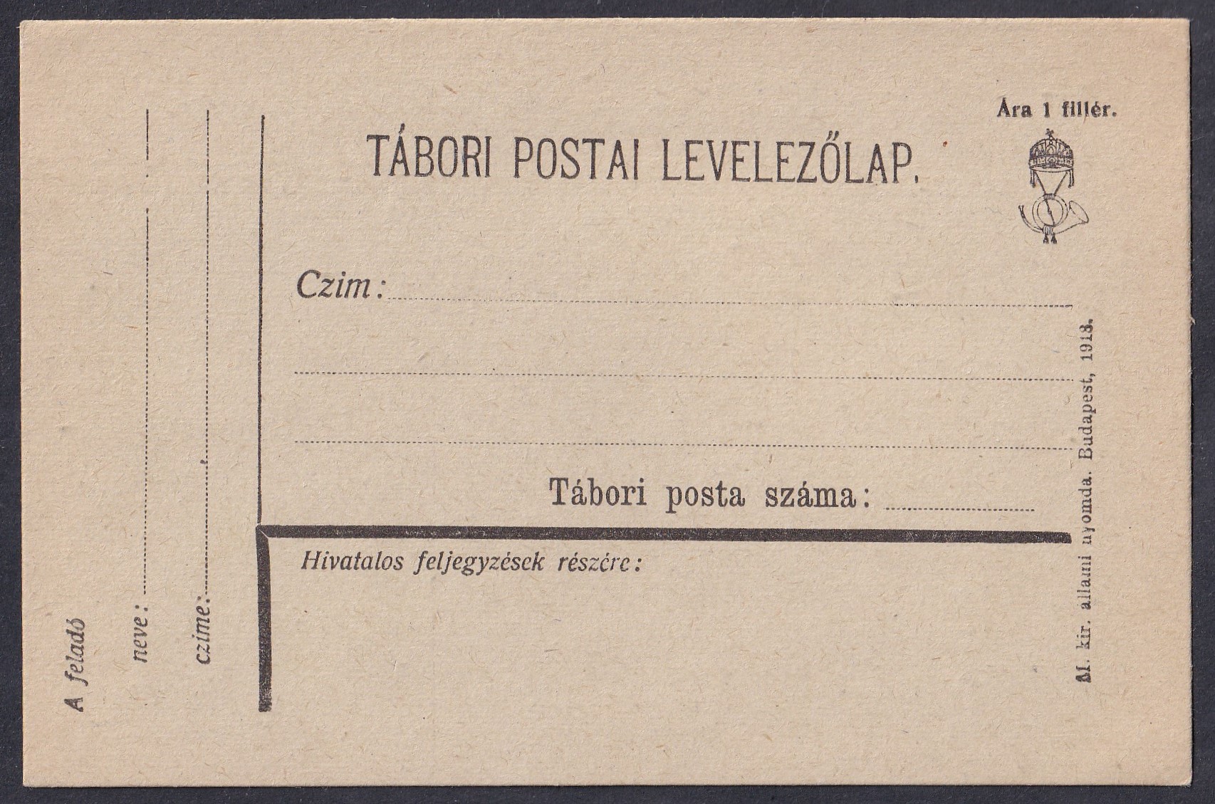 Használatlan Tábori Pstai Levelezőlap (1918. Budapest Állami Nyomda)
