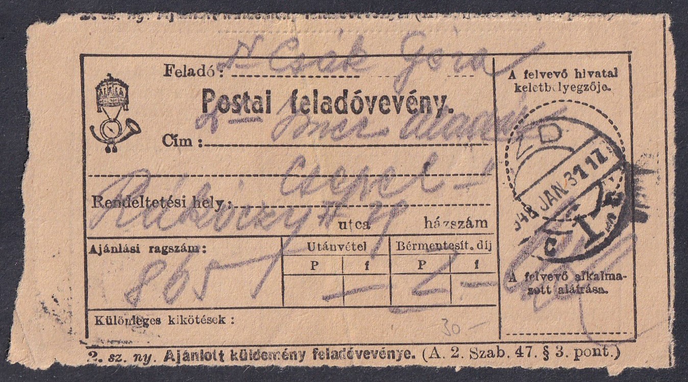 IMG_20260828_0021 1948. Postai feladóvevény királyi koronás postai emblémával - már két éve nem használhatták