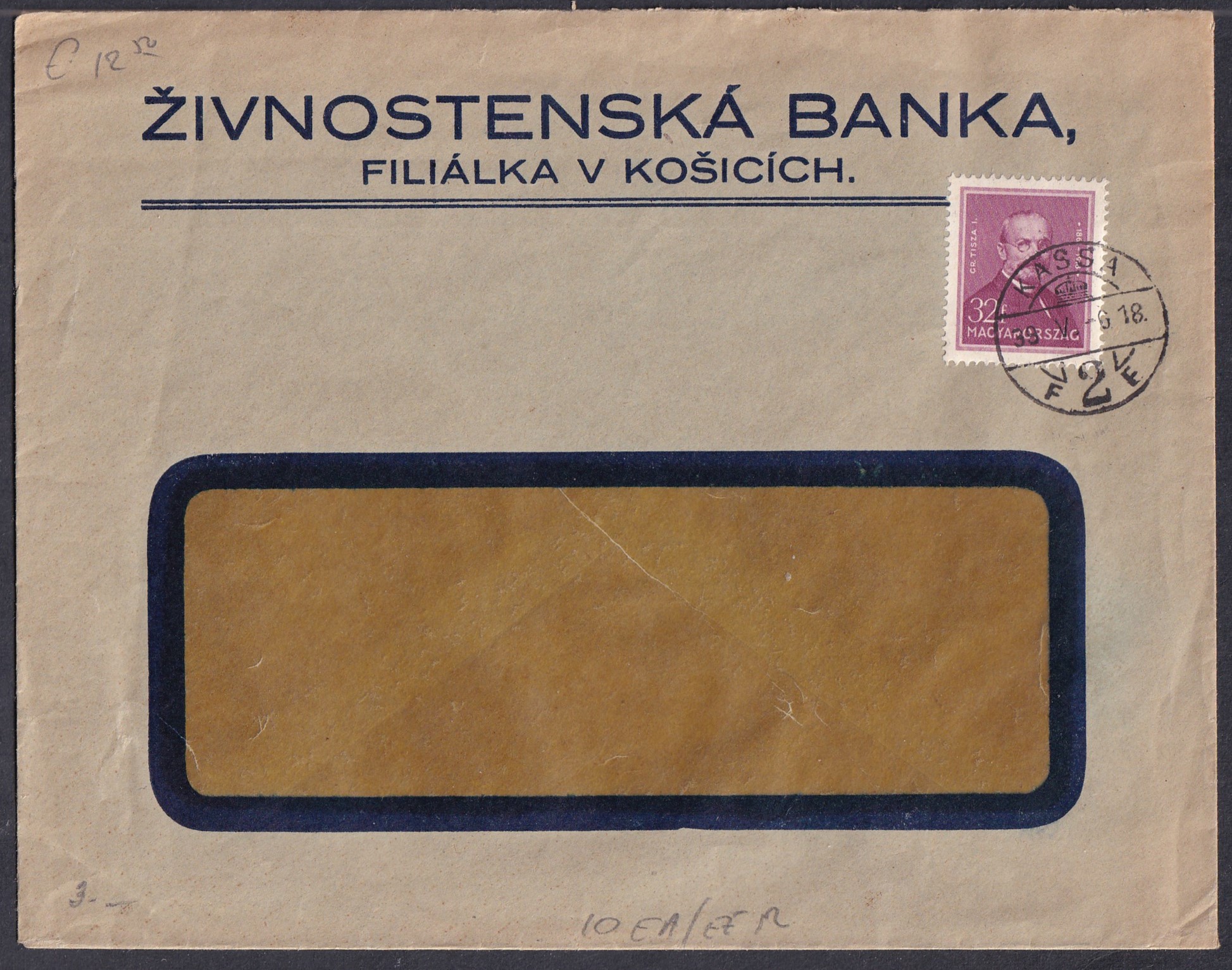 1938. Kassa. A Živnostenská banka kassai fiókjának csehszlovák feliratú ablakos borítéka, 32 fillér külföldi tarifával - érdekes átmeneti postatörténeti darab Kassa Magyarországhoz történt visszacsatolásának időszakából.