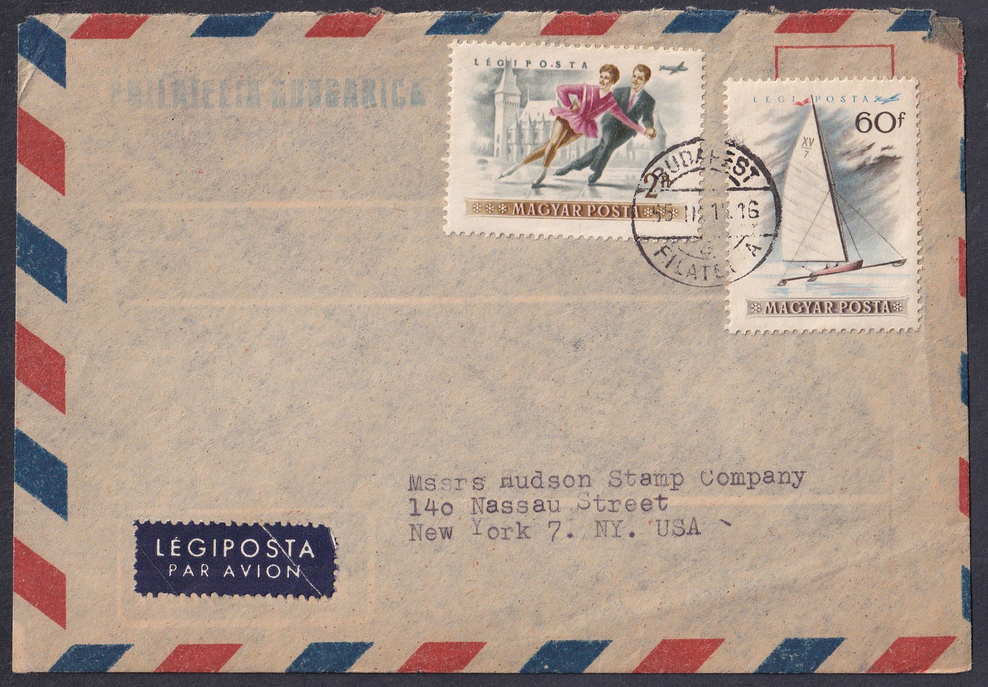 IMG_20260828_0027 1955. Budapestről a New York-i Hudson Stamp Company részére küldött légiposta-levél, 3 Ft összértékű vegyes sportbélyeges bérmentesítéssel: