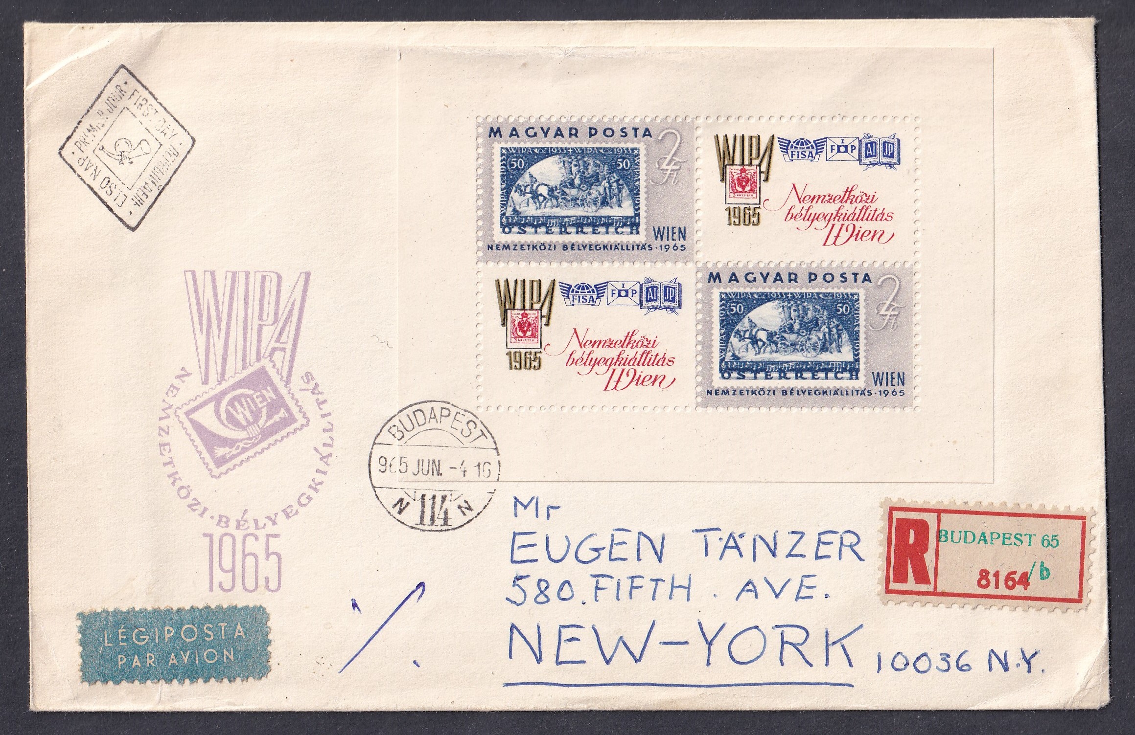 IMG_20260828_0033 1965. WIPA blokk FDC ajánlott légiposta levélen New Yorkba, visszaküldve