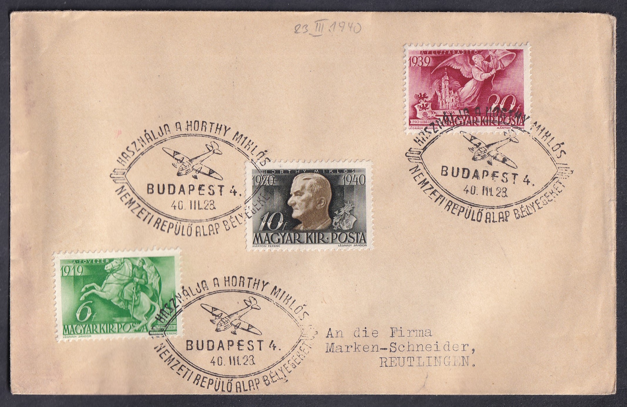 1940. Horthy Miklós Nemzeti Repülő Alap teljes sor alkalmi bélyegzésű levélen Németországba