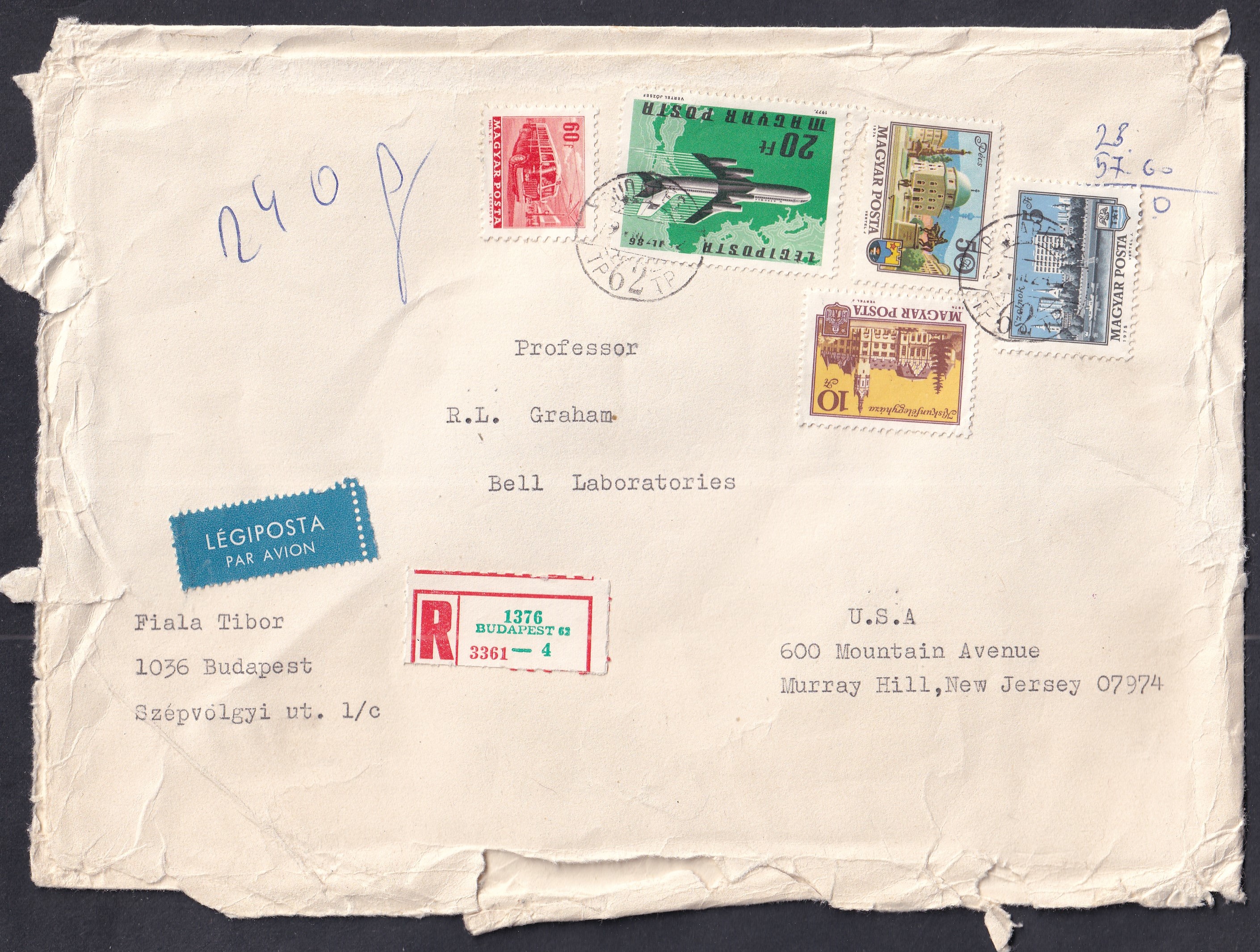 IMG_20260829_0006 1978. Budapest–Murray Hill (USA) 240 grammos ajánlott légipostai levél Ronald L. Graham professzornak