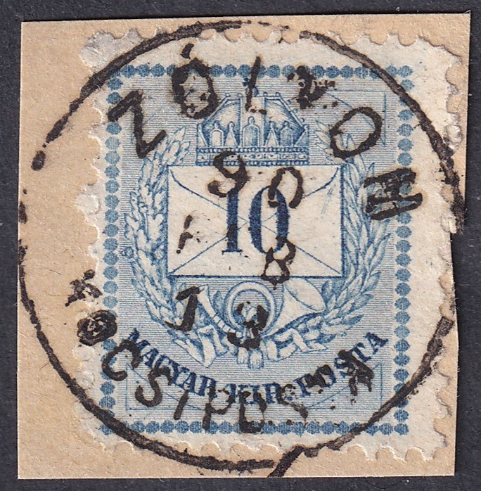 1881. Színesszámú 10 krajcár az I. anyalemez javított gyöngysorával, „ZÓLYOM / KOCSIPOSTA” bélyegzéssel