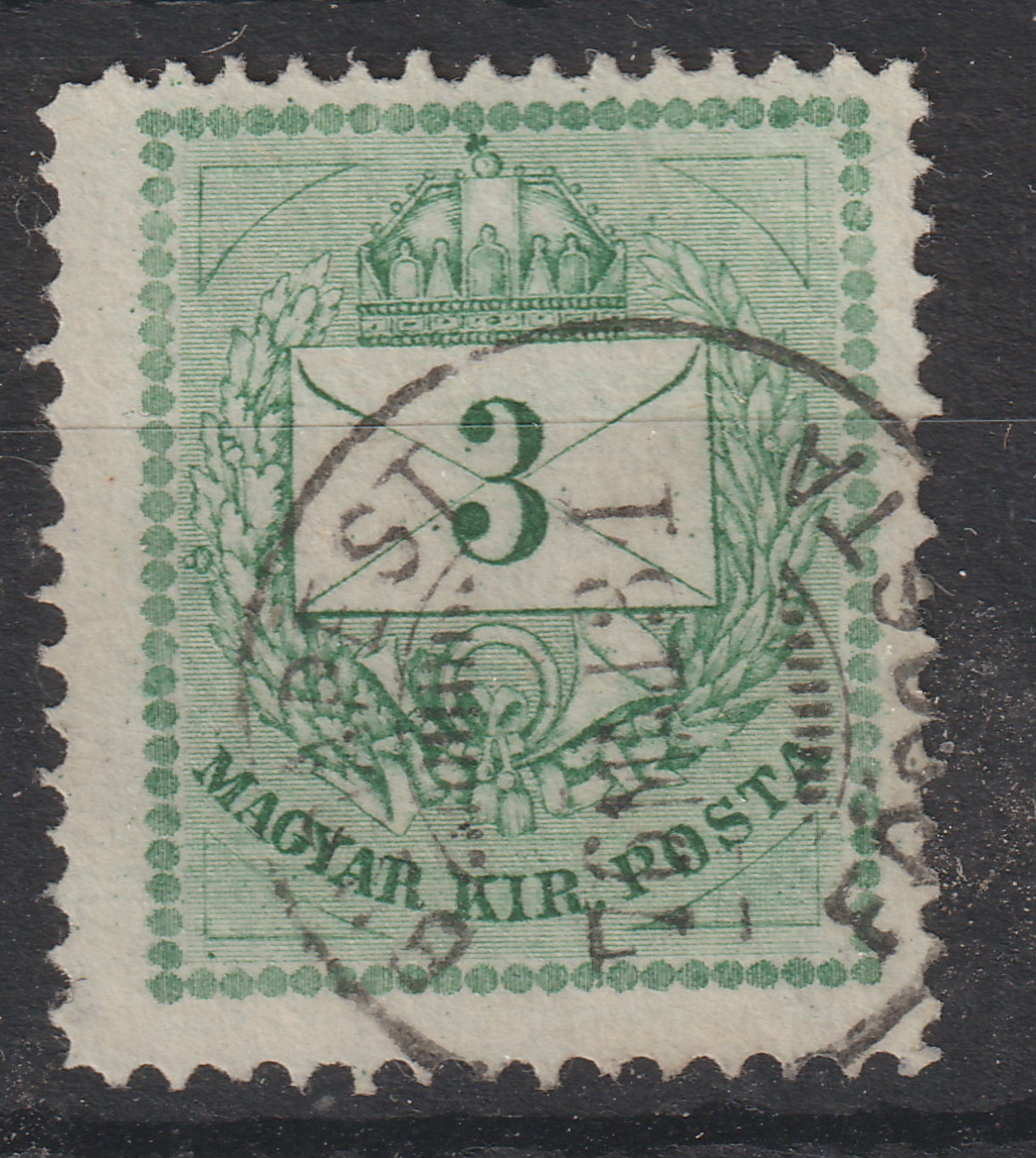 1874. Színesszámú 3 krajcár /A/, 13-as fogazással, metszetjavítással a bélyegkép háromszögdíszeiben