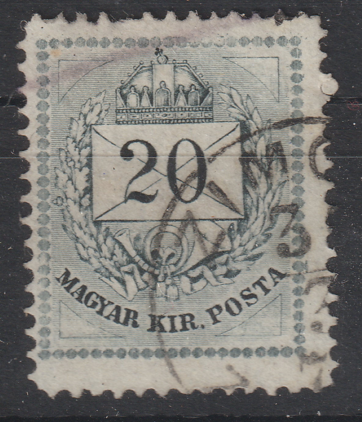 1874. Színesszámú 20 krajcár /A/, 13-as fogazással, metszetjavítással a bélyegkép háromszögdíszeiben