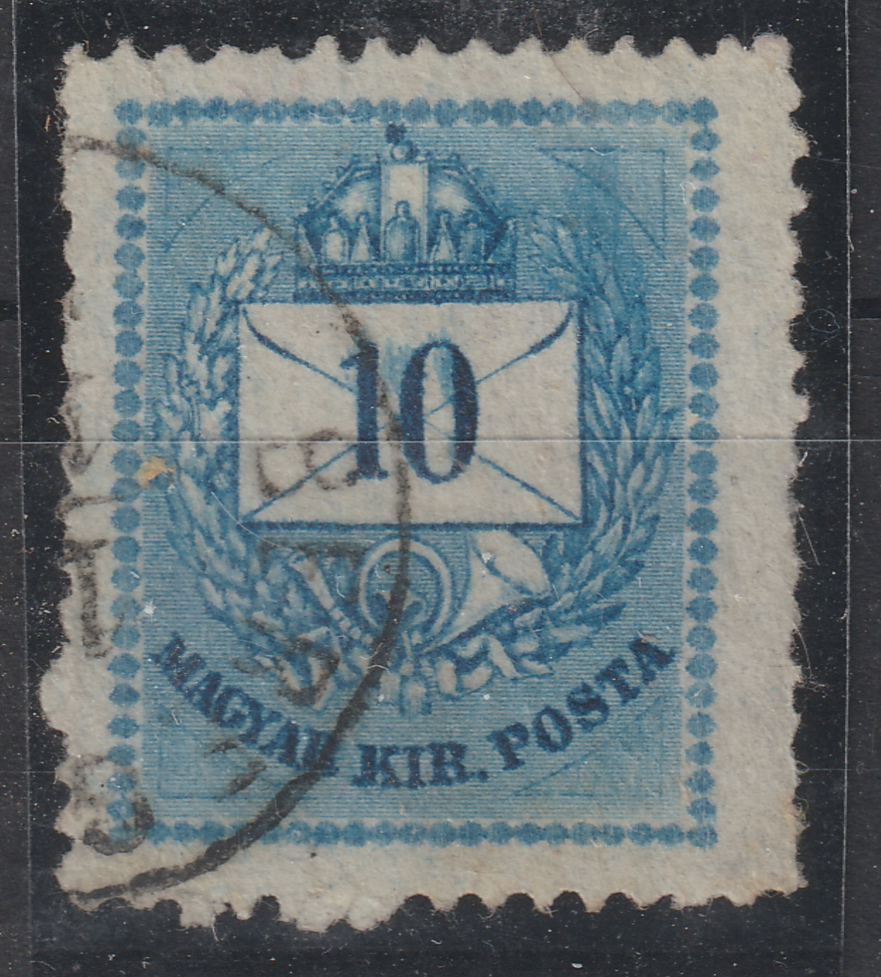 1874. Színesszámú 10 krajcáros, látványos kék festékelkenődéssel a koszorú jobb oldalán és az értékszám körül