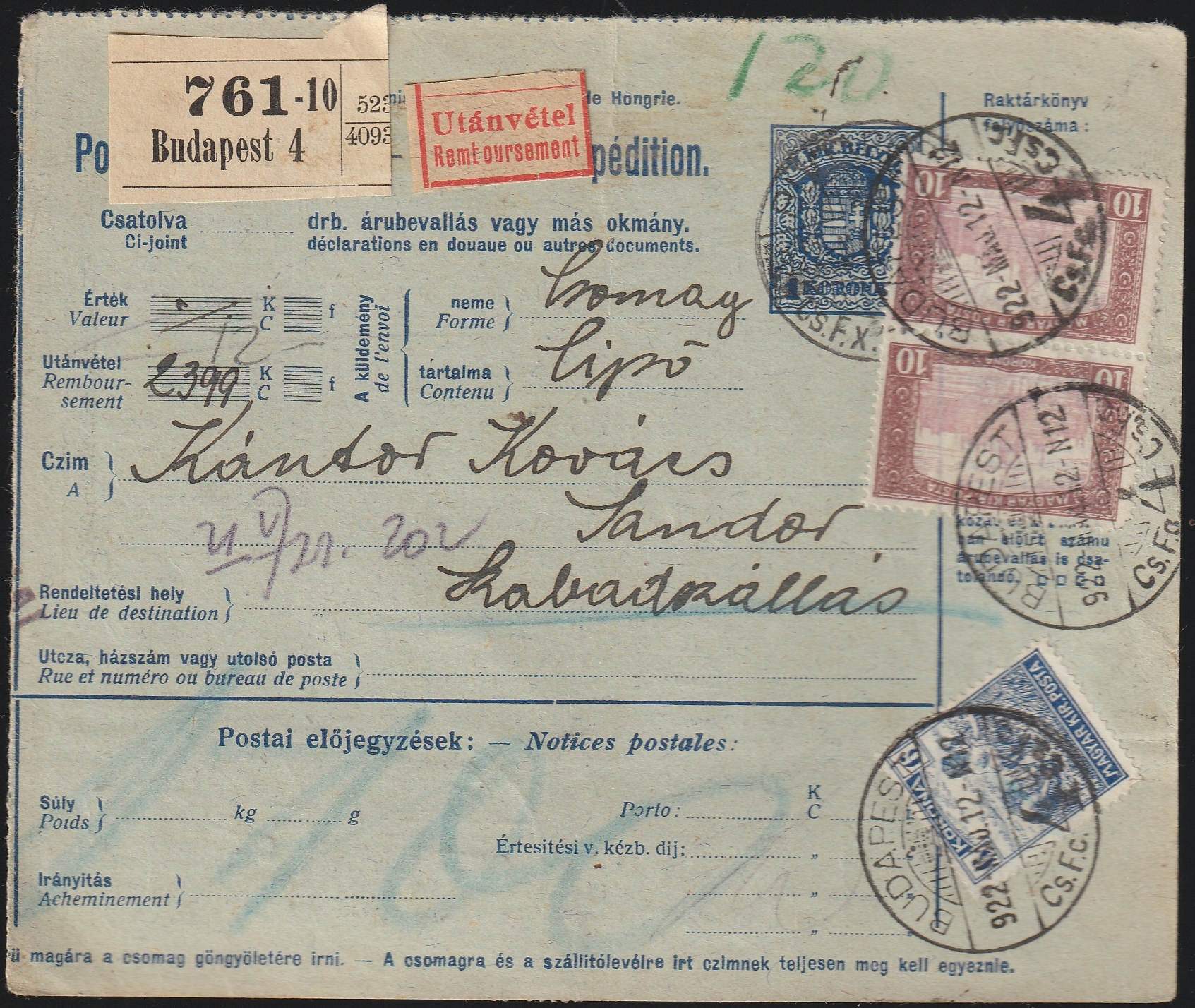 Scan_26_6_20260923_0010 1922. BUDAPEST, Szabadszállás-ra utánvétel feladott szállítólevél