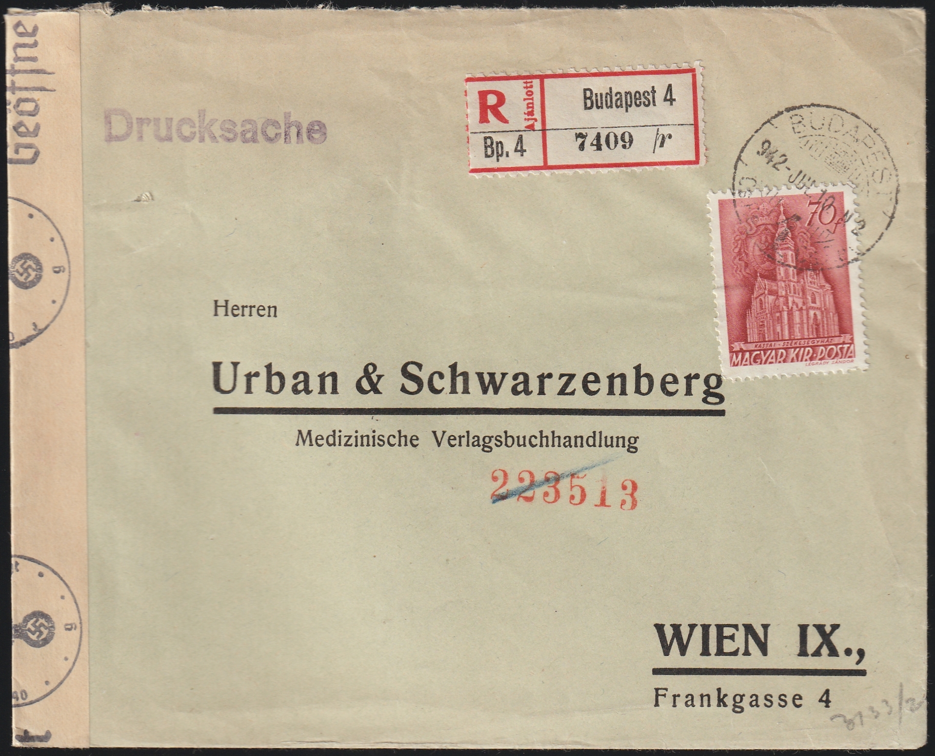 Scan_26_6_20260923_0024 1942. BUDAPEST – Bécsbe ajánlottan feladott, cenzúrázott nyomtatványboríték