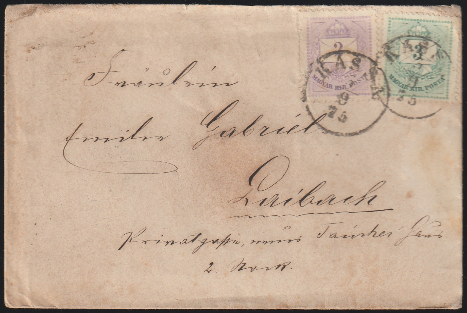 1875. KASSA, Laibach (Ljubljana)-ba feladott levél színes 2+3kr bérmentesítéssel