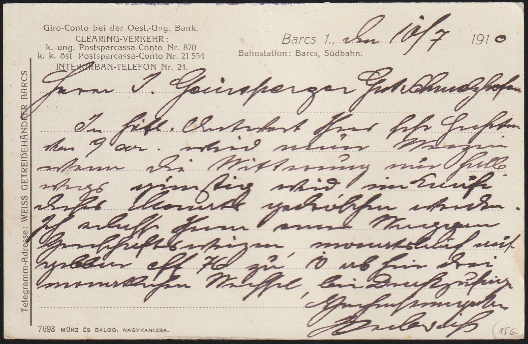 1910. BROD - NAGY-KANIZSA/25 SZ mozgóposta bélyegzéssel Wolfsbergbe (Karintia) feladott Jacob Weiss üzleti levelezőlap – 5 filléres Turul-bérmentesítéssel, a Schmelzhofen-birtokra címezve