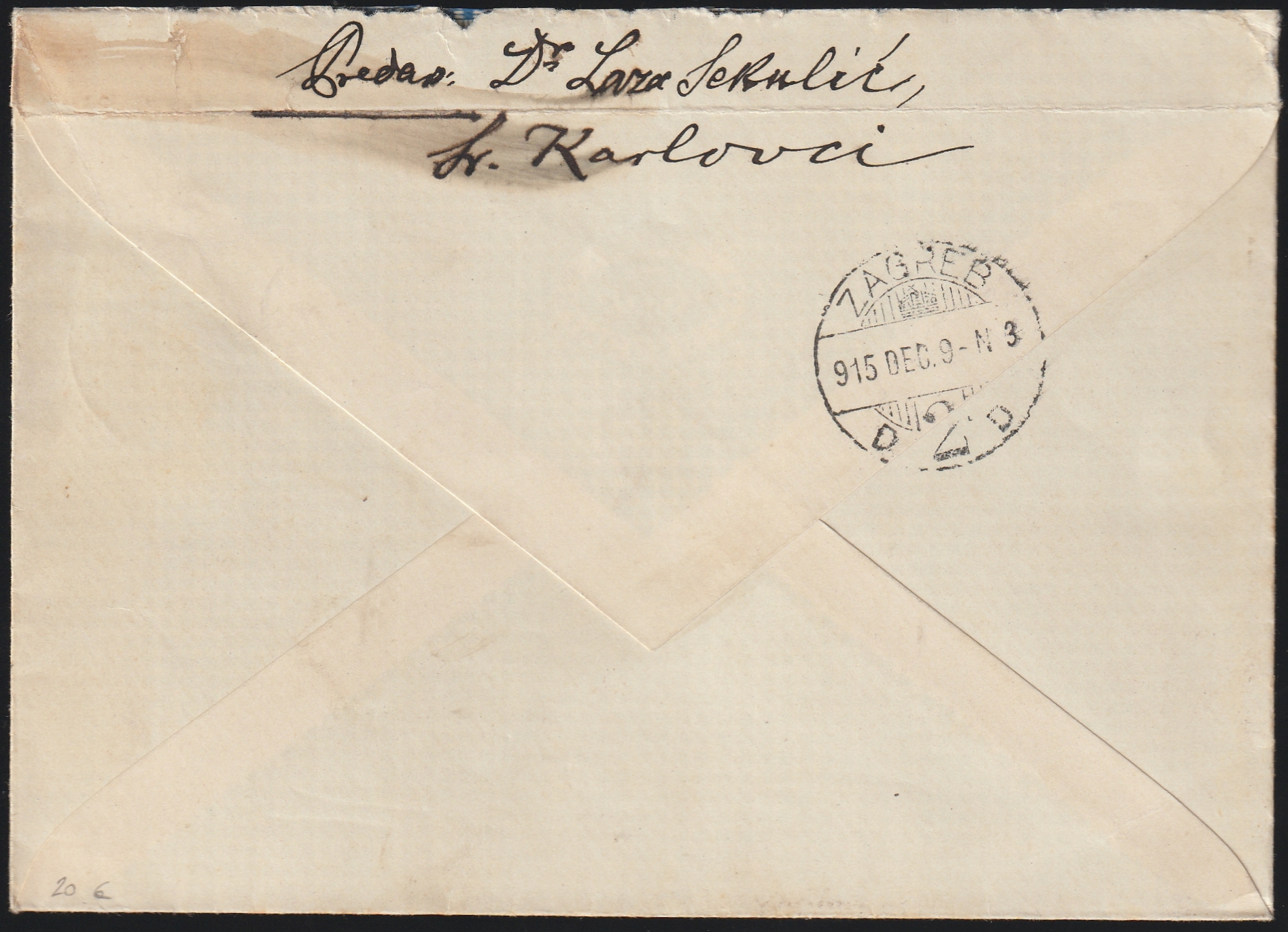 1915. SRIJEMSKI KARLOVCI (Karlóca) – Zágrábba feladott ajánlott levél – magyar–horvát „Ajánlott / Preporučeno” kétnyelvű ragjeggyel, 5+10+20 filléres háromszínű Turul-bérmentesítéssel