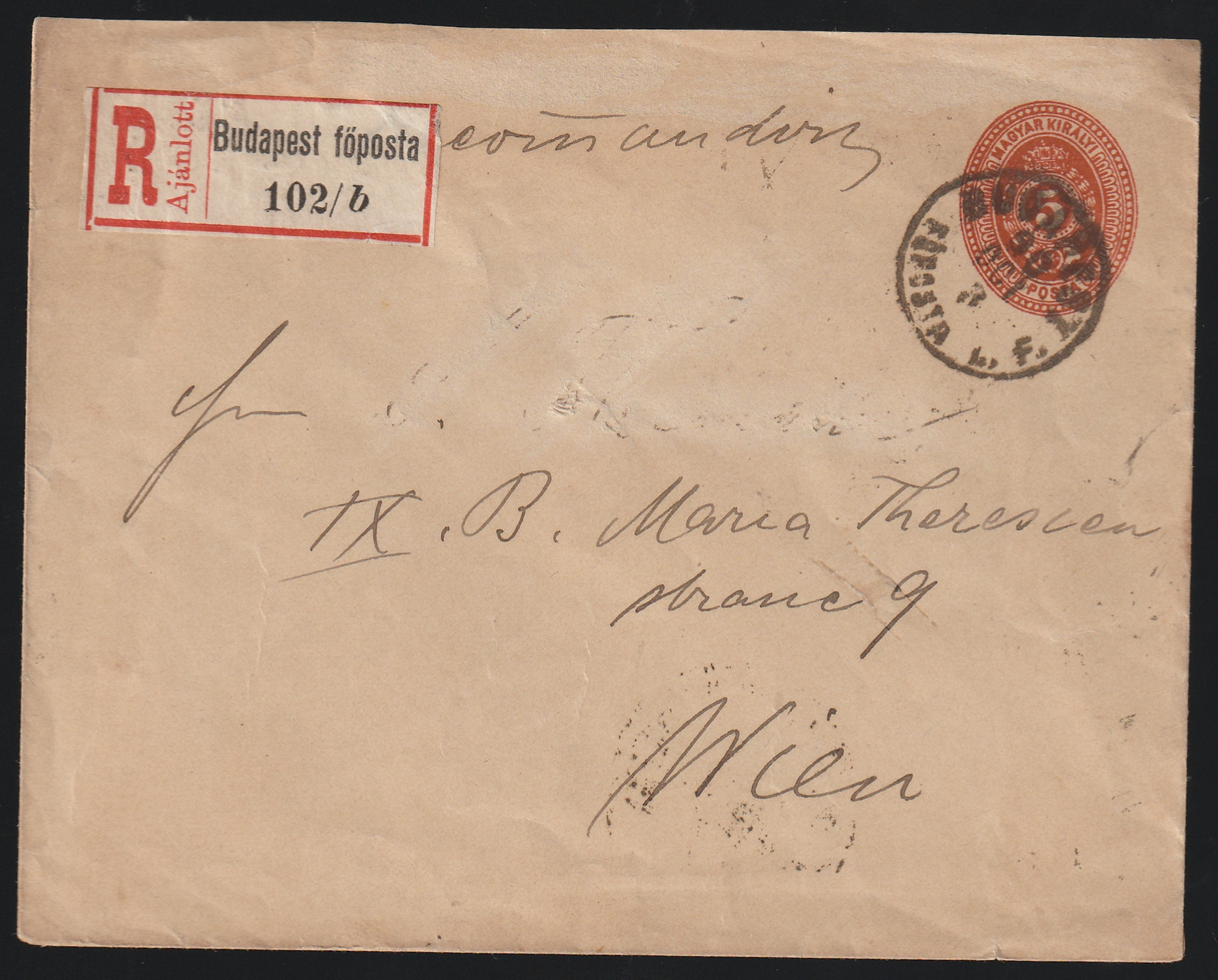 Scan_26_6_20260923_0117 1890. BUDAPEST – Bécsbe feladott ajánlott, 5 krajcáros díjjegyes boríték, 2x 5 kr díjkiegészítéssel